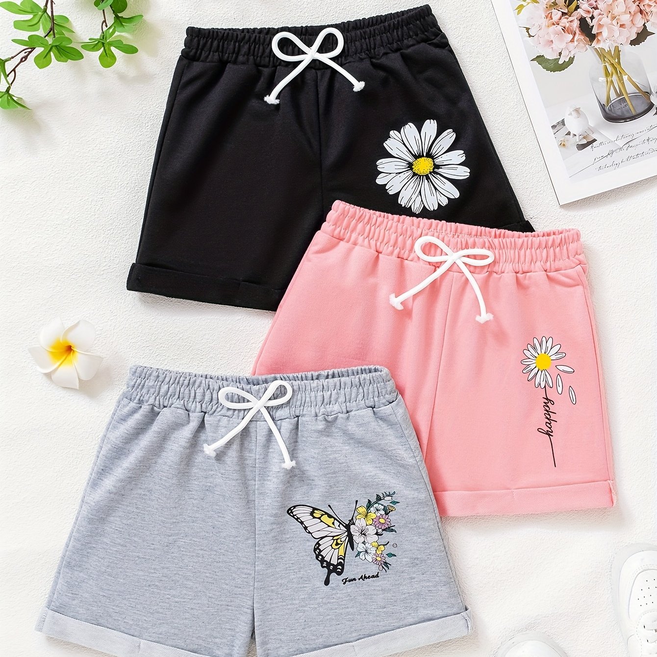 TEMU 3pcs Girls' Cute Floral & Print Elastic Waist Shorts With Bow Detail - Comfy Polyester, Machine Washable For Casual Attire, Perfect For Outdoor