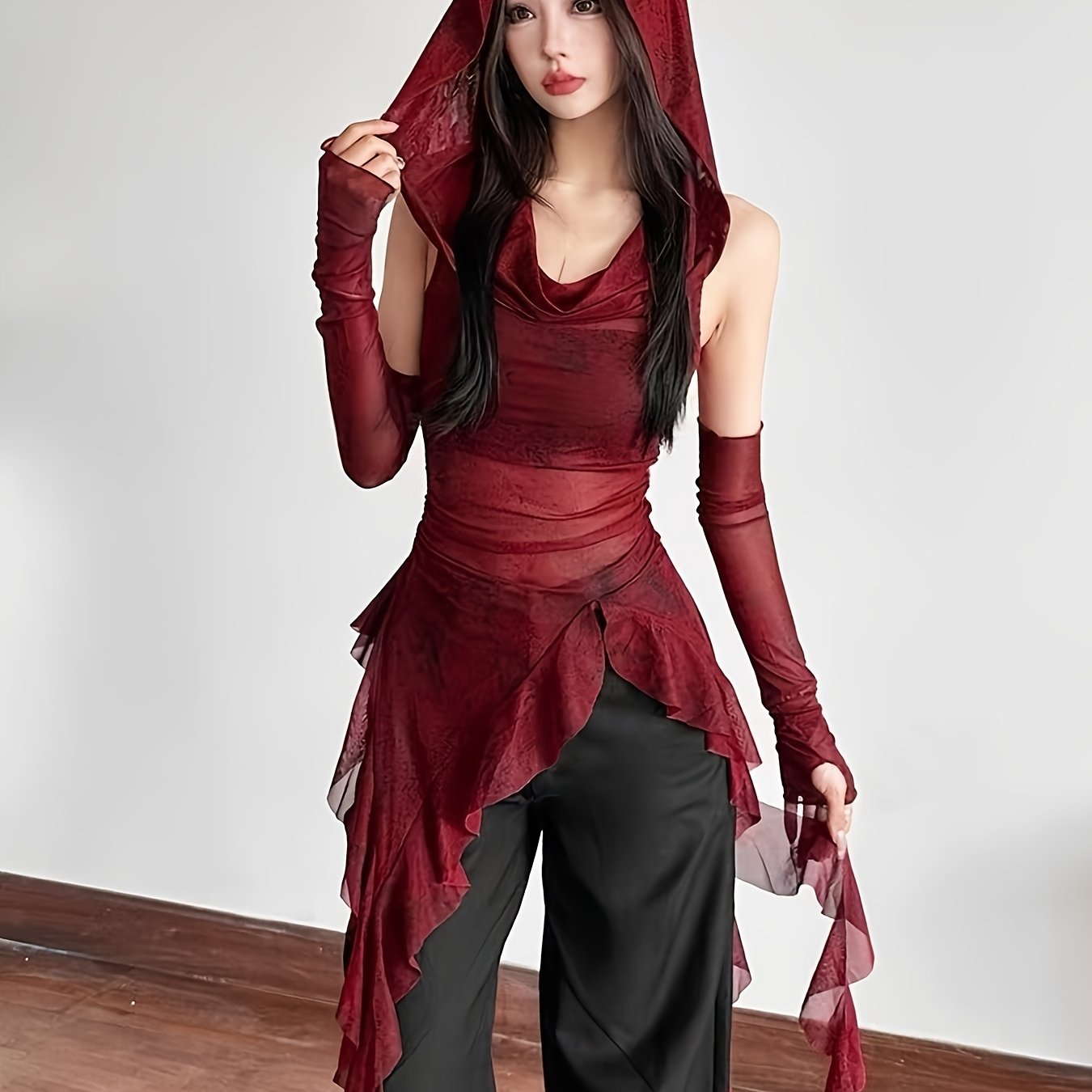 TEMU Style Red Hooded Vest With Half-sleeve Mesh T-shirt Set For Women, Spring/summer Slim Layer With Cut-out Top