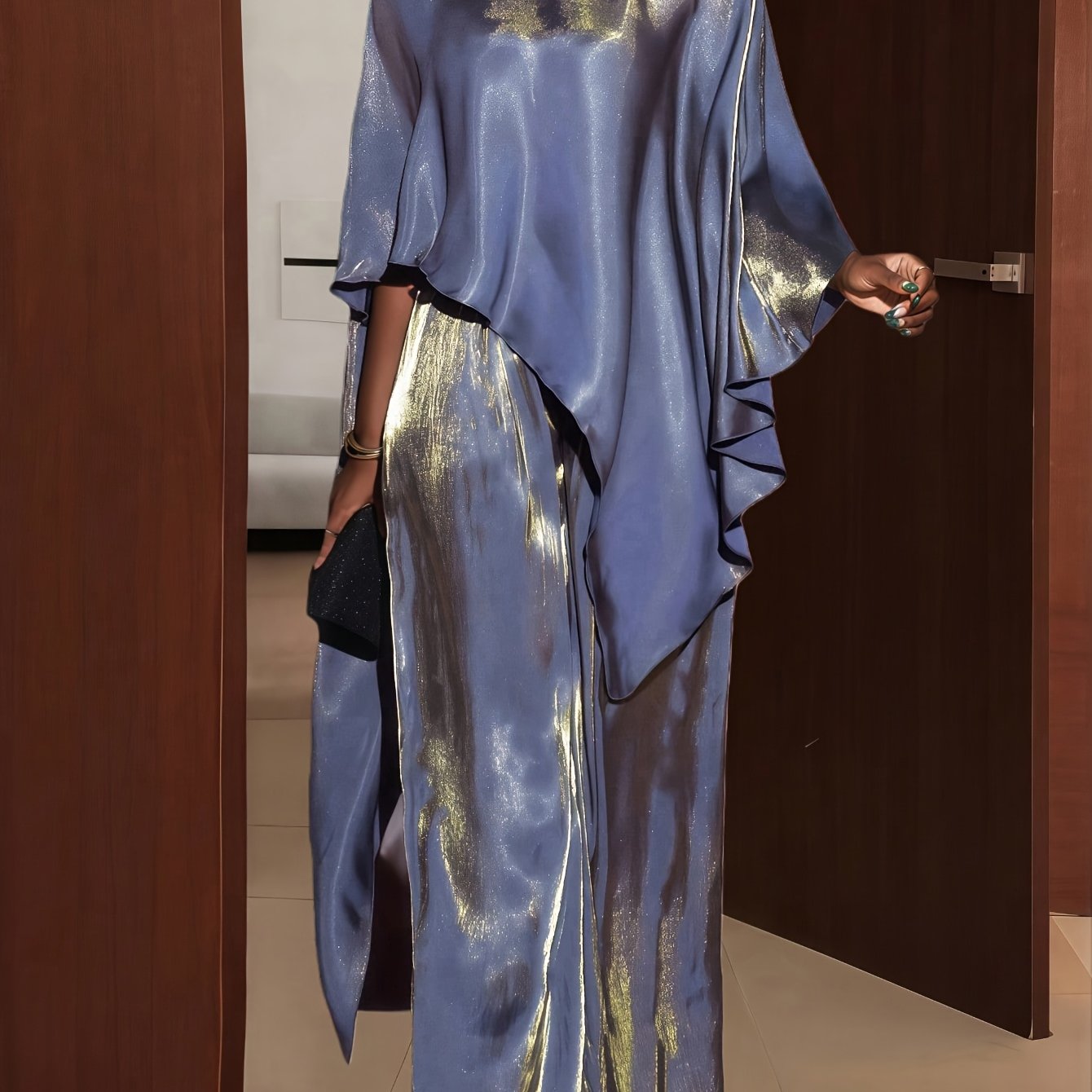 TEMU Women' Fabric Cape-style Top And Loose Long Pants 2pcss Set, Suitable For Christmas/new Year Outfit/party/women's Elegant Attire/sparkling 2pcss