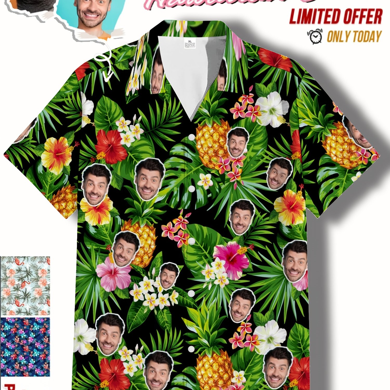 TEMU Camisa Hawaiana Personalizable para Hombre - Impresión de Foto Personalizada, Diseño Tropical con y , Manga Corta, Abotonada, Ropa Casual , para