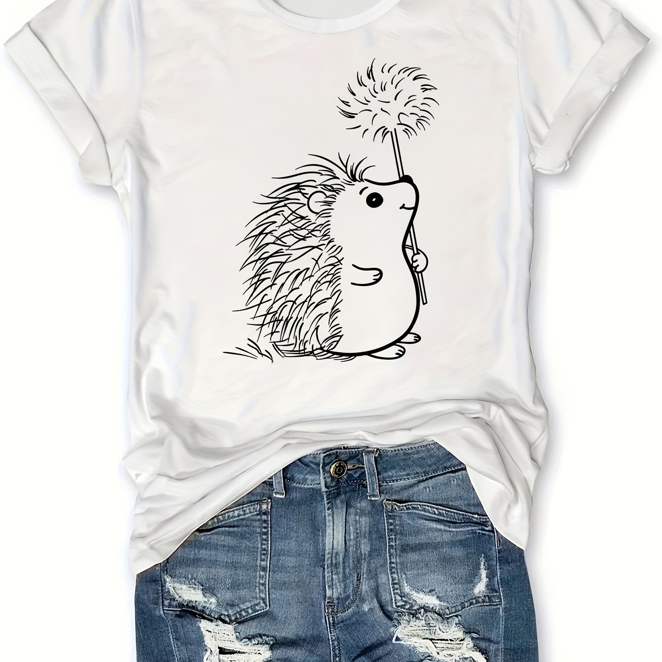 TEMU Hedgehog Print Crew Neck T-shirt, Casual Short Sleeve T-shirt For , Women's Clothing