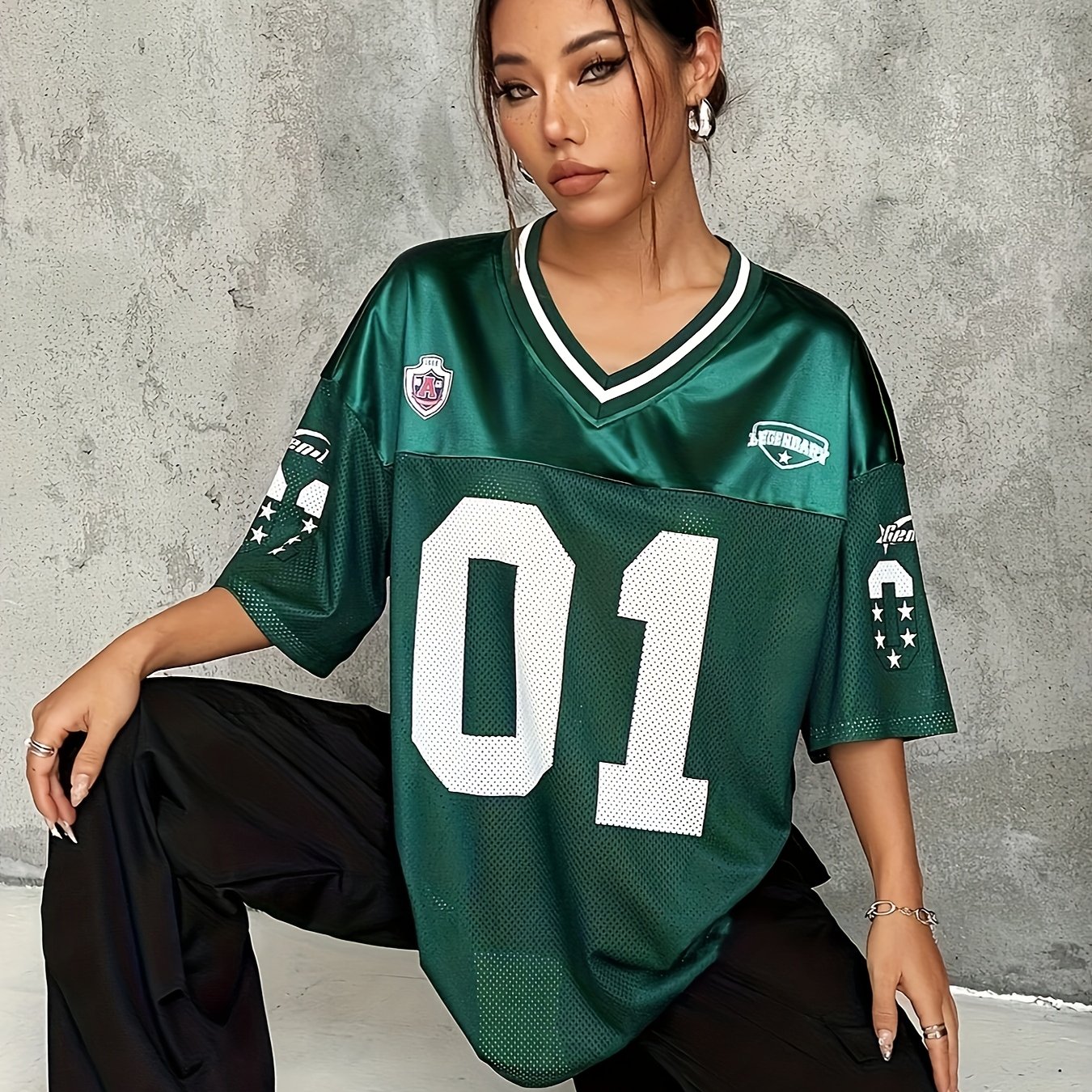 TEMU 여성용 애슬레틱 저지 - 그린 & 넘버 01 프린트 - 가볍고 통기성 좋은 체육관, 캐주얼 웨어 탑 - 세탁 가능한 여성 액티브웨어 셔츠, 운동복, 스포티한 스타일, 내구성 있는 소재, 피트니스 애호가를 위한