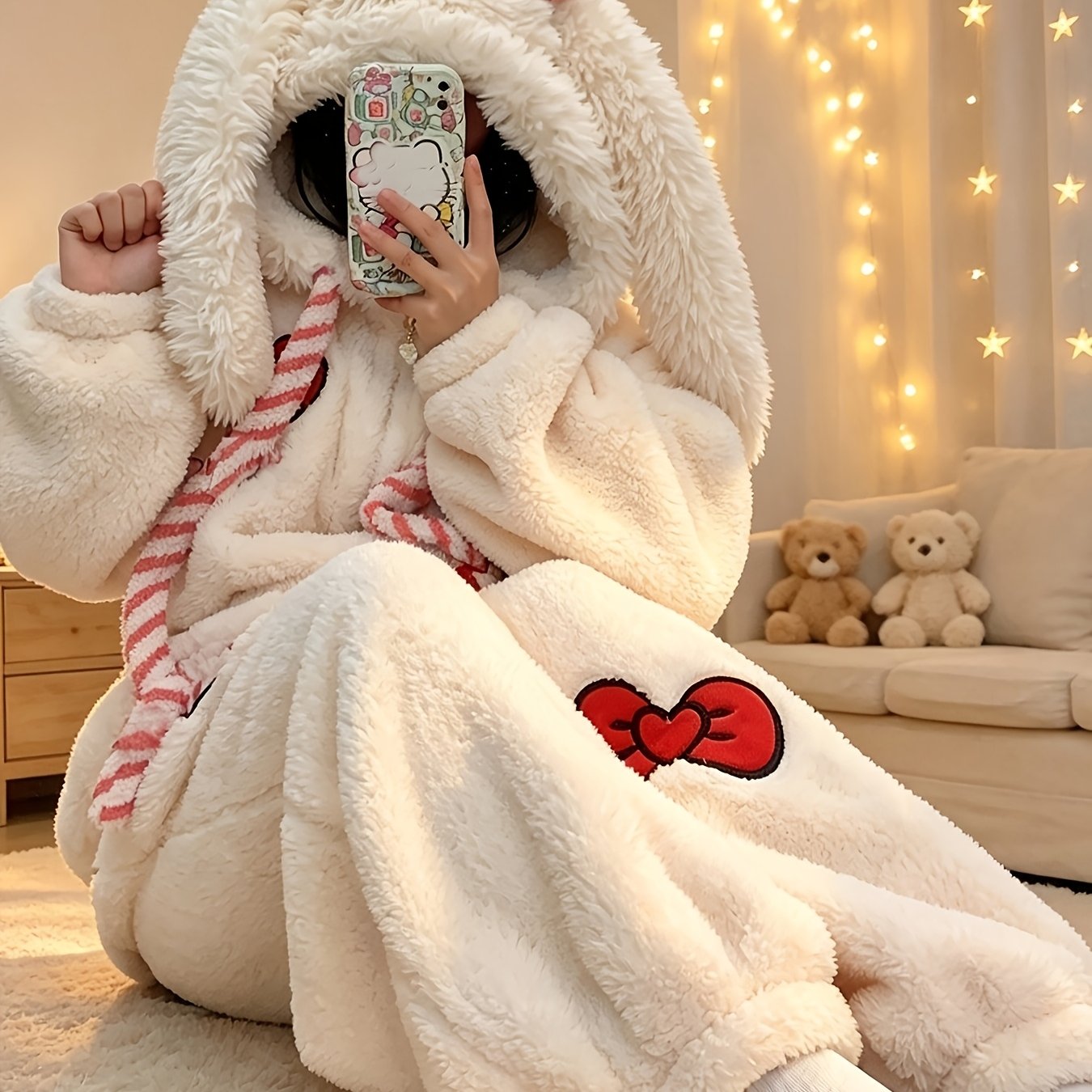 TEMU Autumn And Winter Warm Soft One-piece Pajamas, Comfortable Cute Rabbit Ear Bow Hooded Coral Fleece Fleece Thick Novelty Animal Jumpsuit, Long