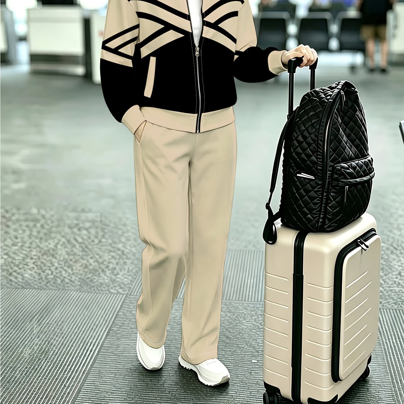 TEMU New European And Women's Fashion Casual Jacket And Trousers Set, Spring/autumn Geometric Line Contrast , Simple And Elegant Outfit, Trendy,