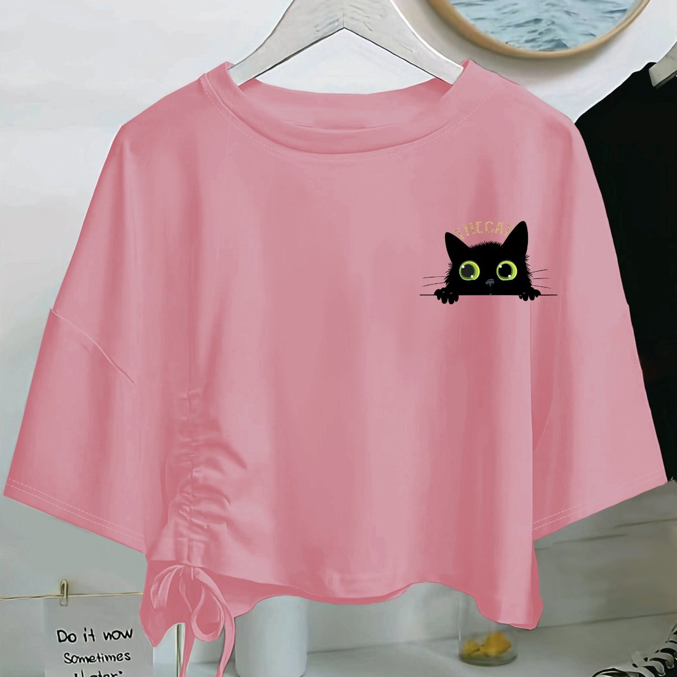 TEMU New Women's Casual Short-sleeve T-shirt - Featuring A Cute Cat Head Print, Comfortable Loose Fit, Drawstring That Reveals The Waist, Made From