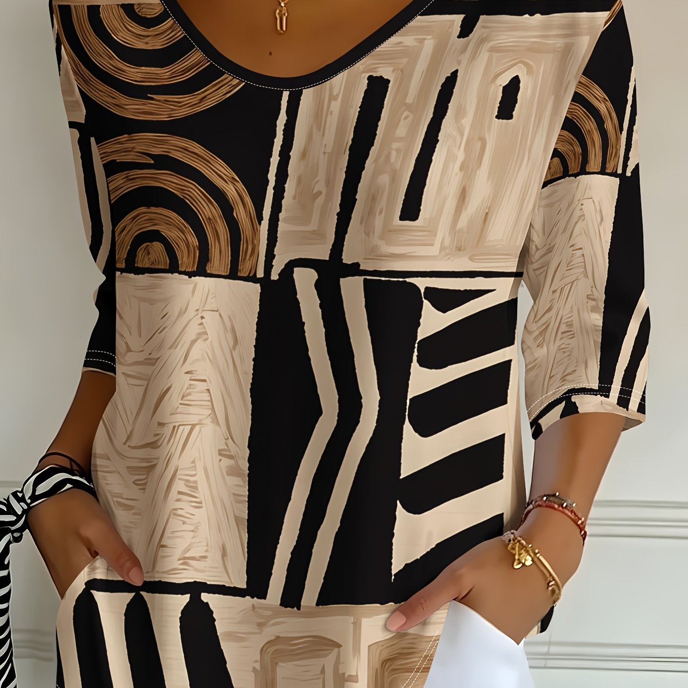 TEMU Women's Brown-black Geometric Abstract Print V-neck Three-quarter Sleeve T-shirt, Spring/autumn Casual Top