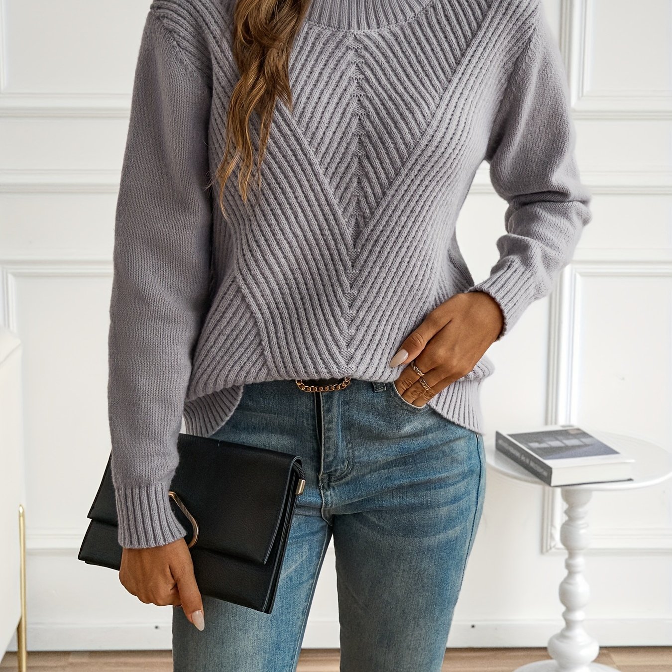 Image of Elegant Solid Color Half-high Neck Chic Pullover Sweater For Autumn And Winter