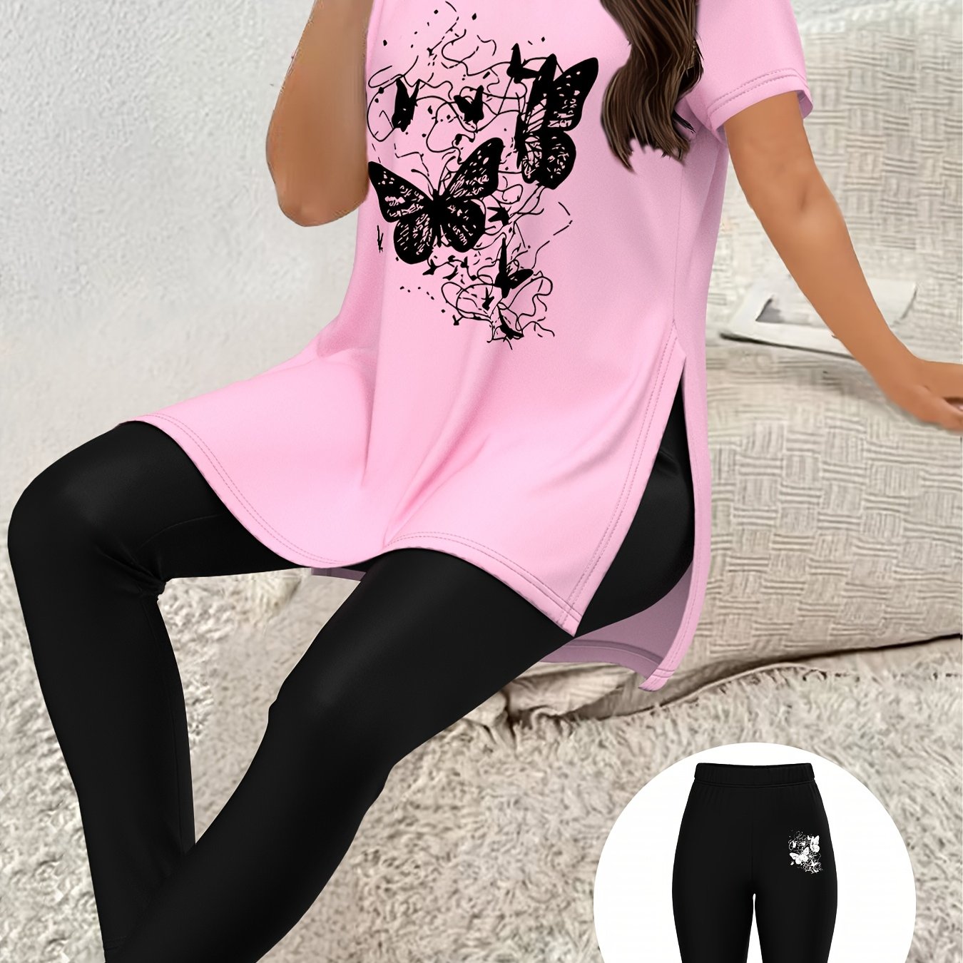 TEMU Casual Suit With Slanted Pockets, 2pcs Set With English Print, Short-sleeved T-shirt And Wide-leg Baggy Pants, Women's