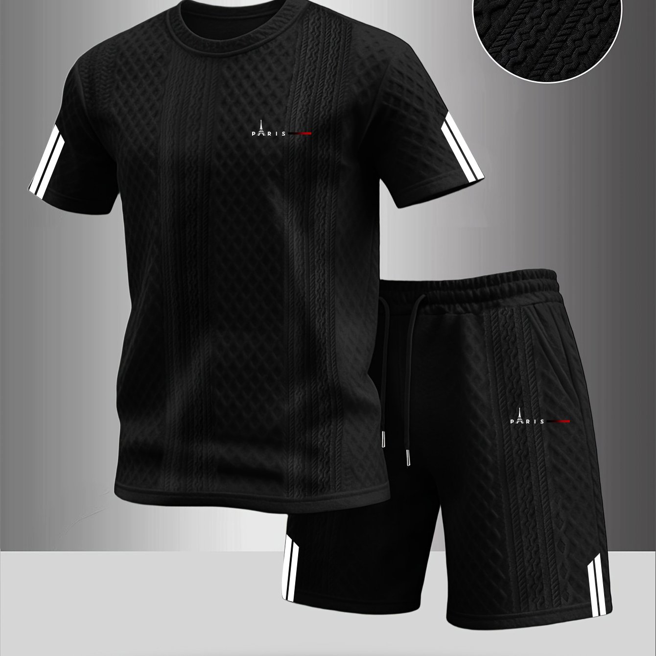 TEMU Men's Fashionable And Simple Printed Short Sleeve And Shorts Set, Daily Casual Jacquard 2pcs Set
