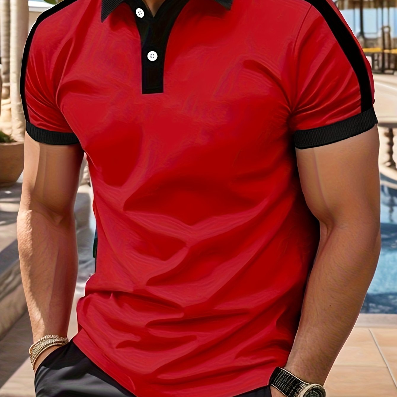 TEMU Casual Color Block Men's Short Sleeve Lapel Golf Shirt, Men's Mature Style Top, Summer Outdoor