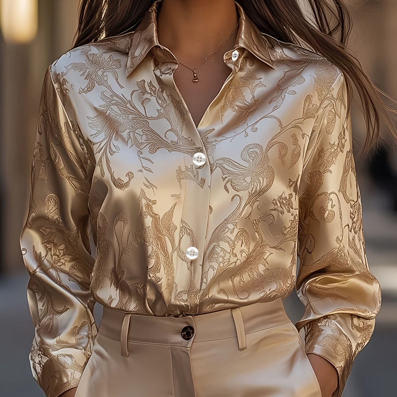 TEMU Spring Summer Autumn Women's Luxurious Golden Floral Print Satin Blouse With Lapel And Button-front Long Sleeve Design, And -friendly, Elegant