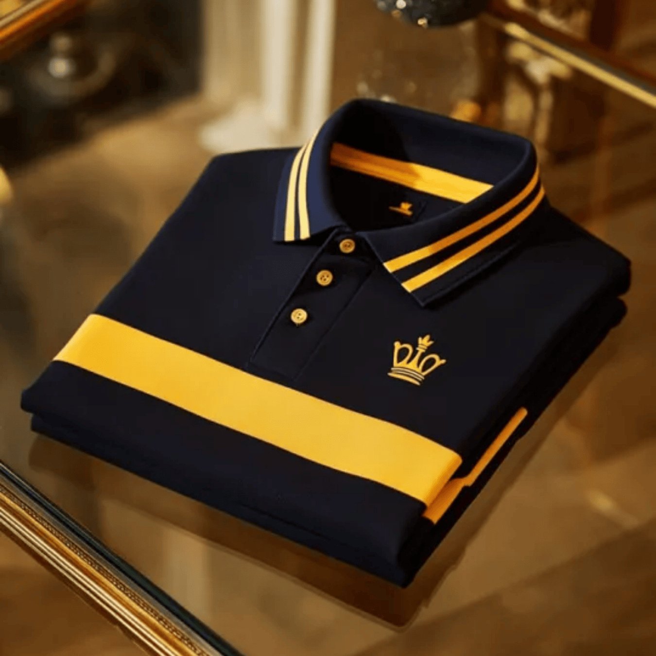 Image of Men's Business And Leisure Shirt With Navy Blue And , Contrasting Colors, Lapel Collar, Crown Print, Light Luxury Texture, Versatile Commuting Short Sleeved T-shirt