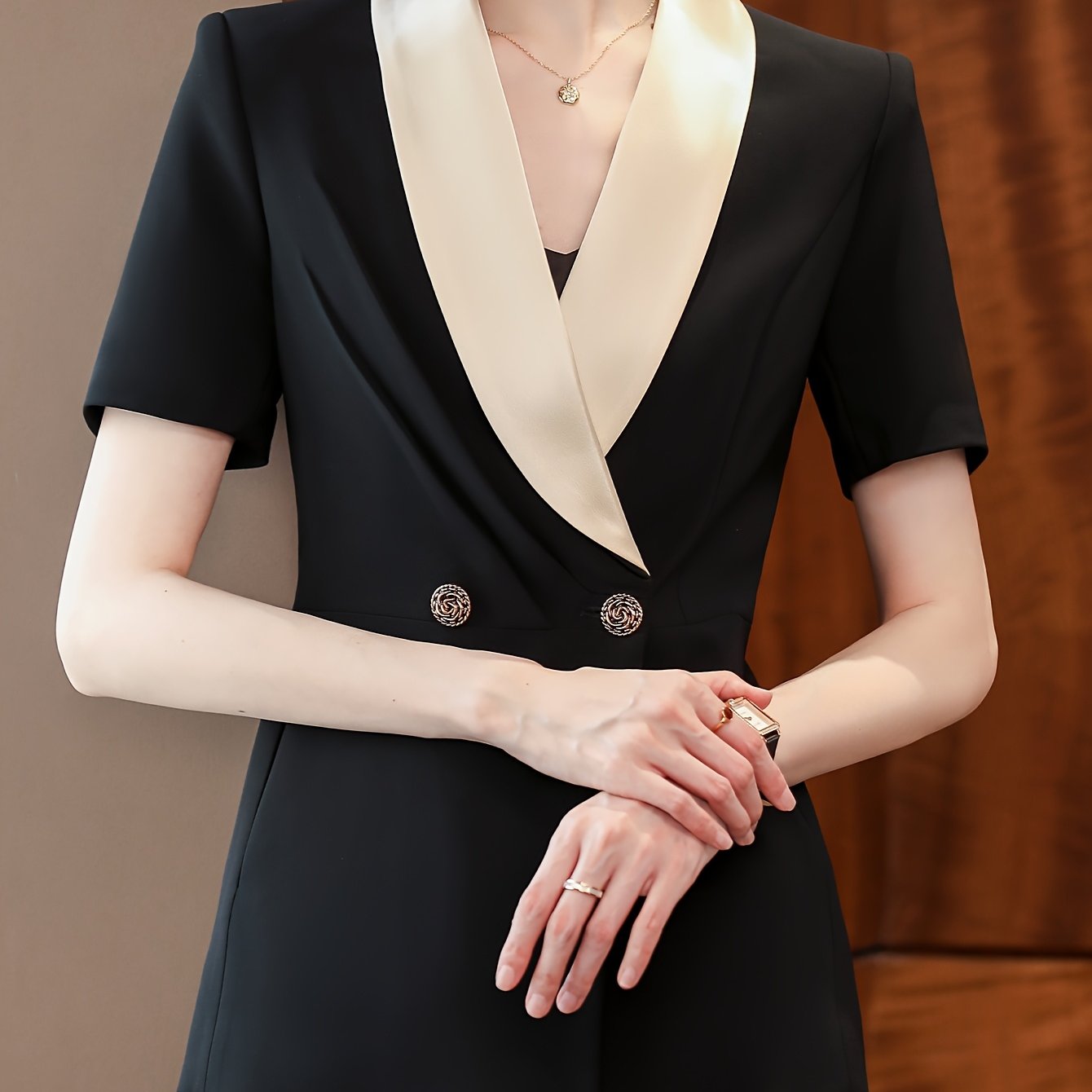 TEMU 여성용 컬러 대비 반팔 , 여름에 완벽, 슬림한 실루엣 연출, 업무 및 비즈니스 캐주얼 웨어에 이상적