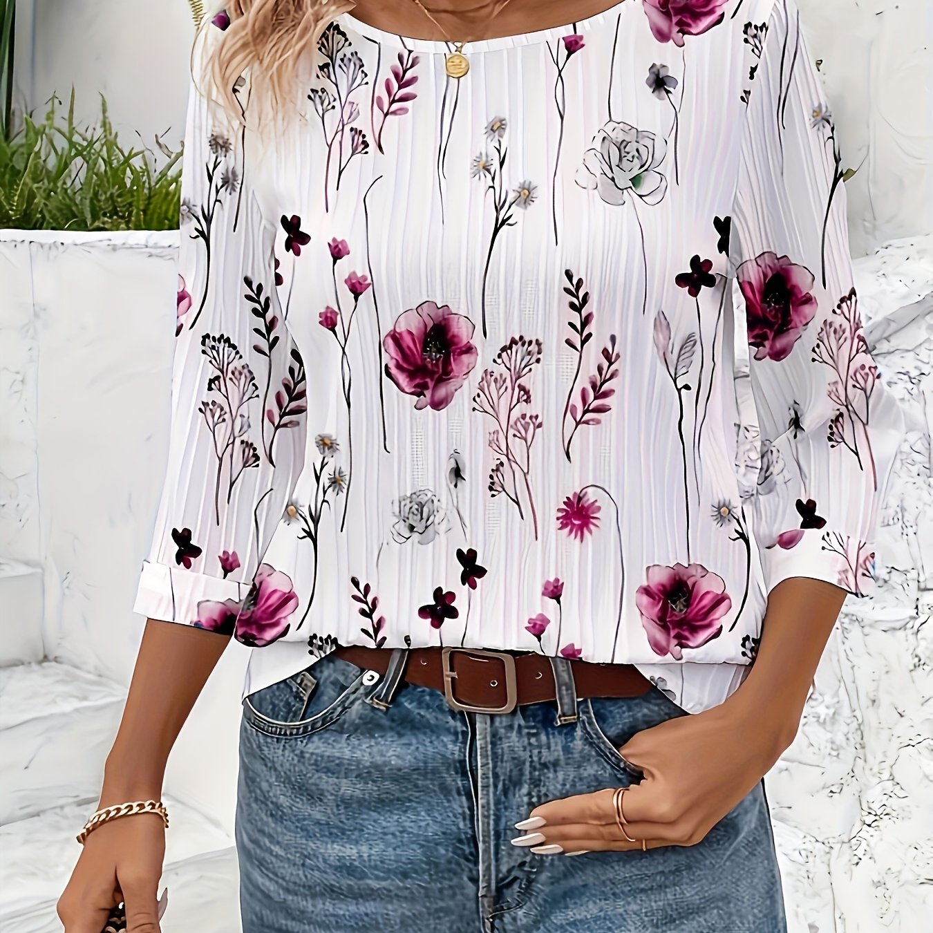 Women's Textured Wavy Striped Floral Print Blouse Top