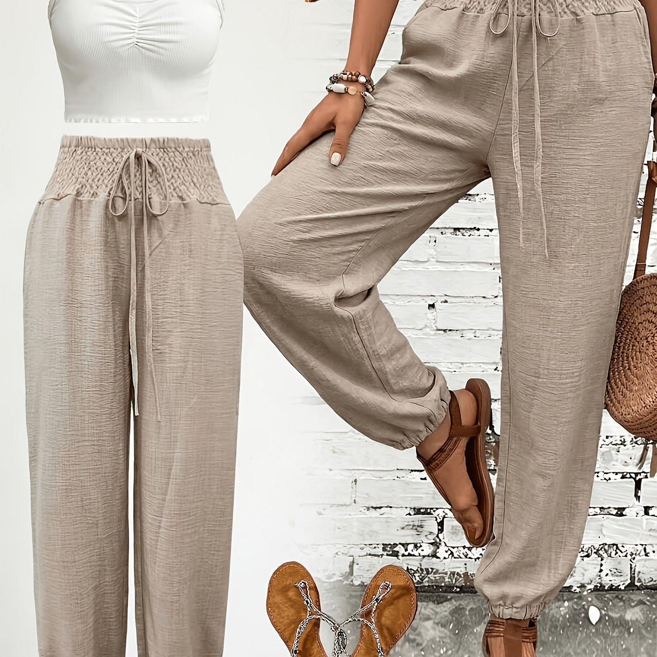 TEMU Women's Fashionable Commuter Solid Color -like Drawstring Waist Pocket Long Pants, Stylish Casual Trousers