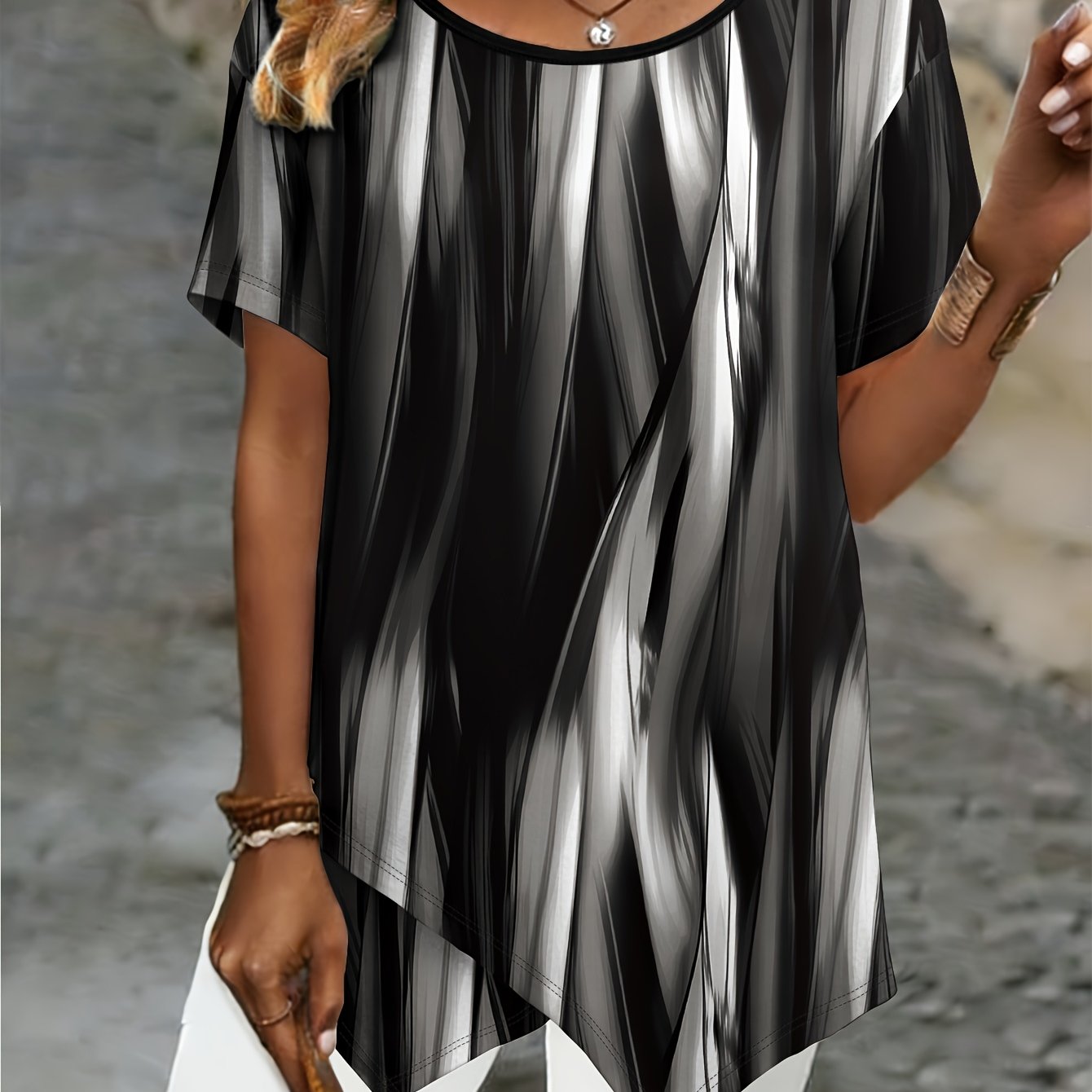 Image of Plus Size - 0xl-9xl Plus Size Printed Fashionable Neck Elegant Printed Pattern T-shirt, Vertical Stripe Print Design, Cross Asymmetric Hem Short Sleeve Round Neck T-shirt