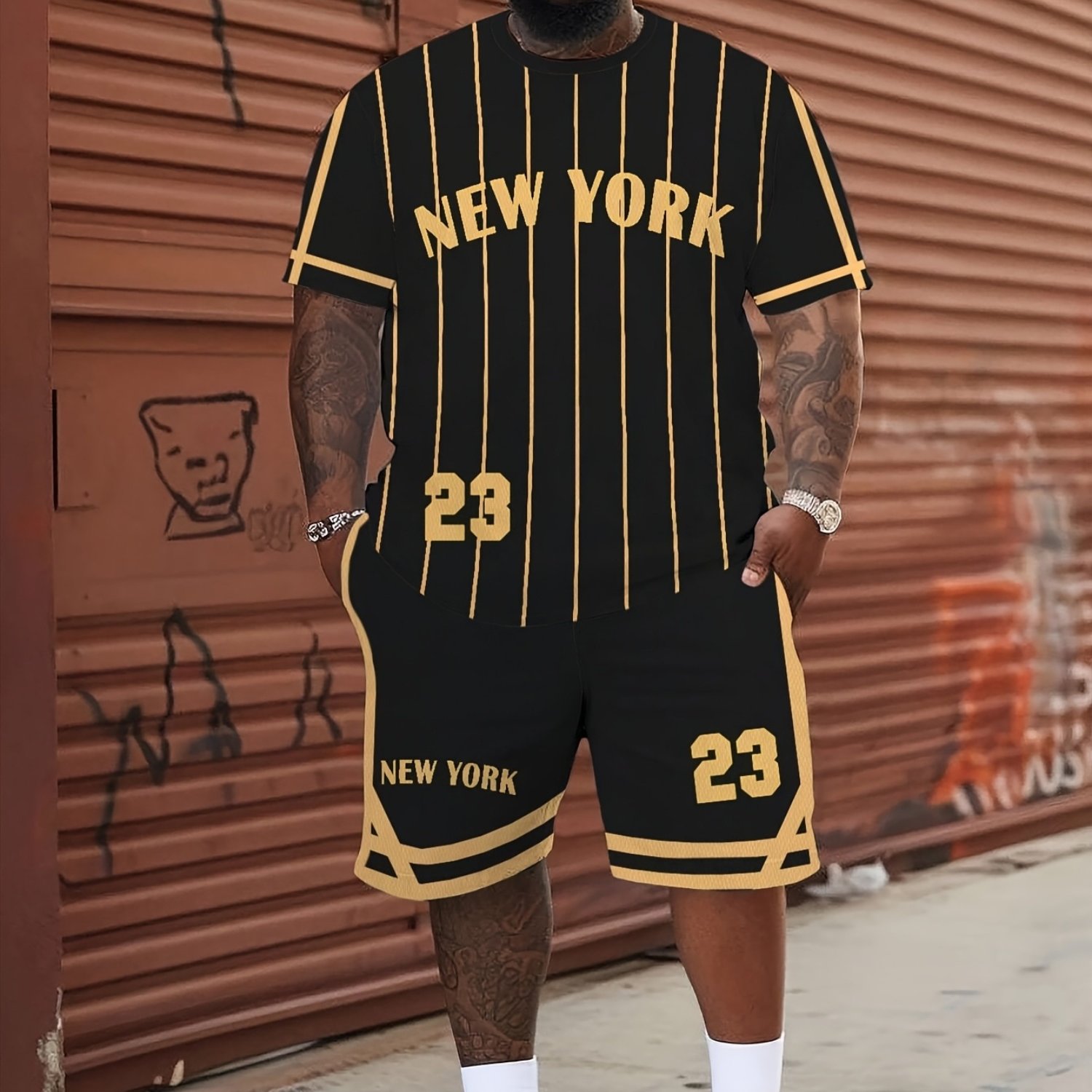 TEMU Men's Casual Breathable Loose-fit 23-stripe Crew Neck T-shirt And Pocket Shorts Set, Suitable As A Gift Or For Party Wear, An For Outdoor