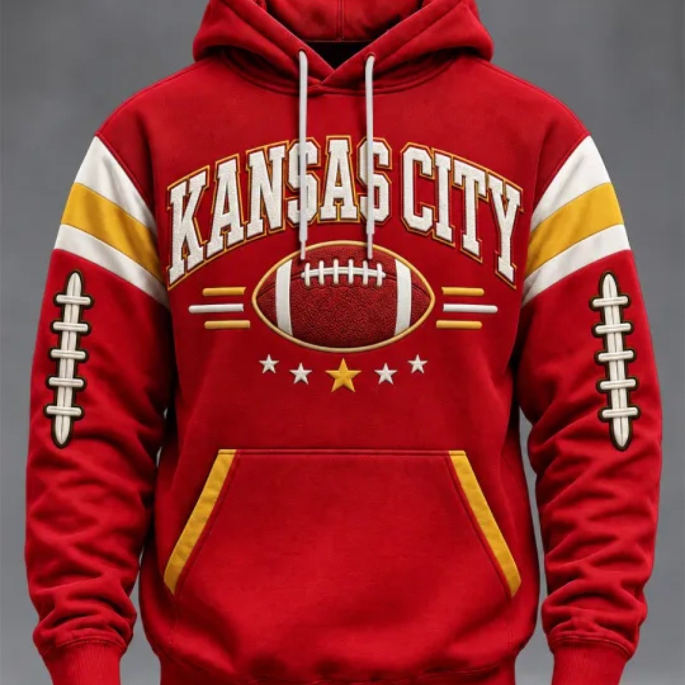 TEMU Football Season 1 Pack Women's Red Golden Polyester Pullover Hoodie, Classic Football Graphic Sweatshirt With Contrast Stripe Sleeves & Kangaroo