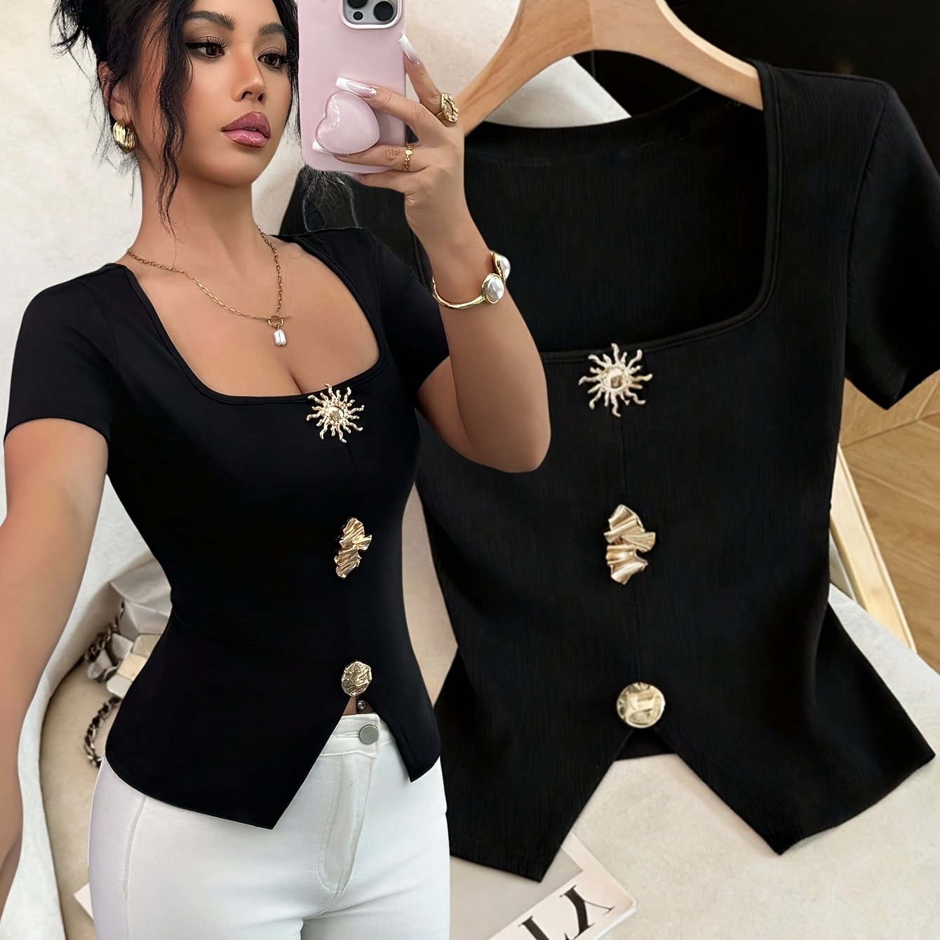 TEMU Chemise de mode à carrée et embellissements métalliques, style coupe ajustée à manches courtes ASD1