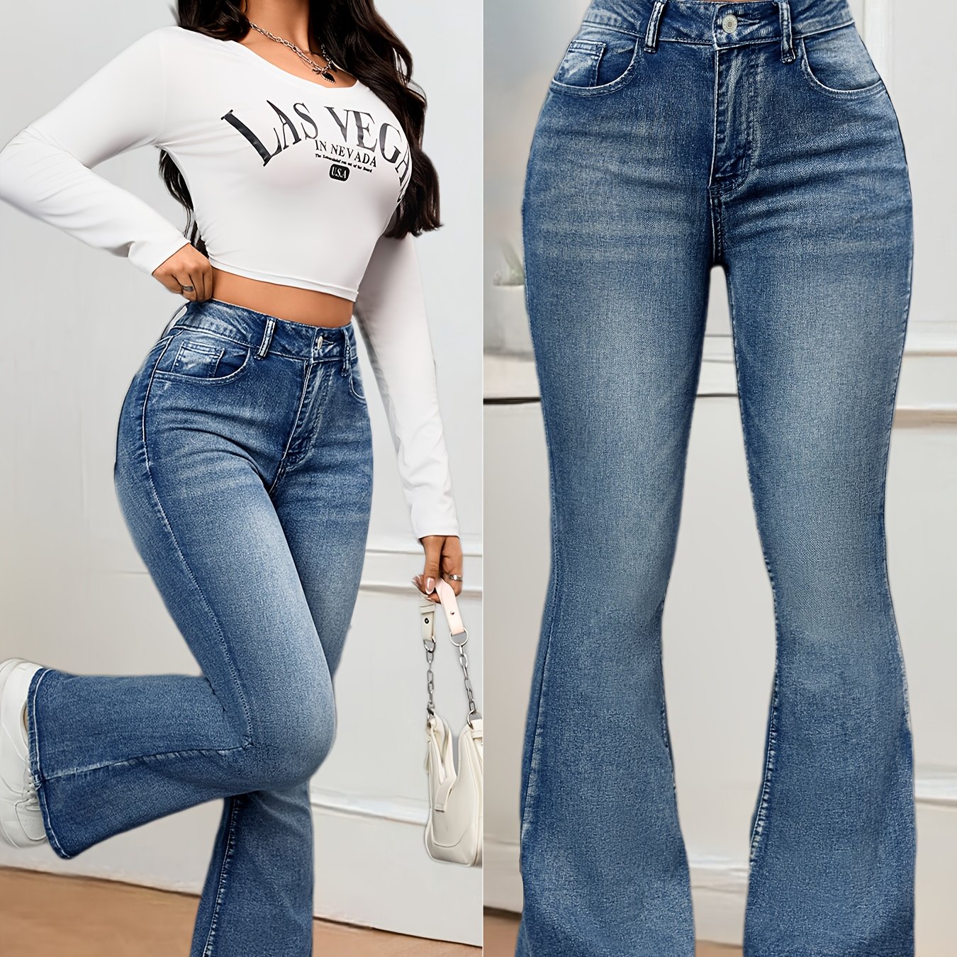 Soft Mid-rise Blue Elegant High-stretch Flared Jeans
