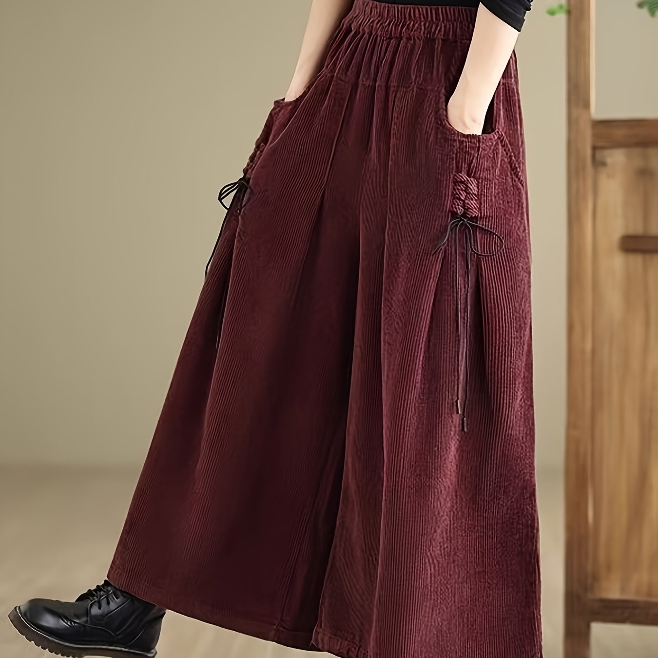 TEMU Corduroy Wide-leg Pants With Elastic Corduroy Waist (suitable For Body Types) - Solid Color Casual Trousers, Machine Washable,, Corduroy Pants