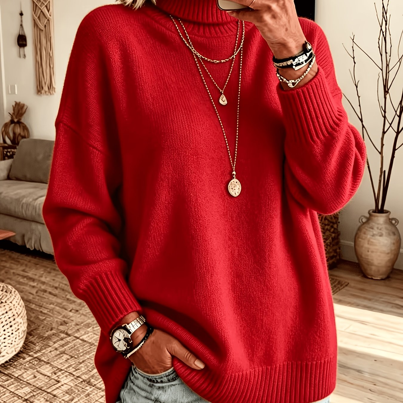 TEMU Pull rouge à col pour femmes, manches longues, pull , poignets côtelés, design épaules dénudées, coupe , et confortable, haut d'hiver