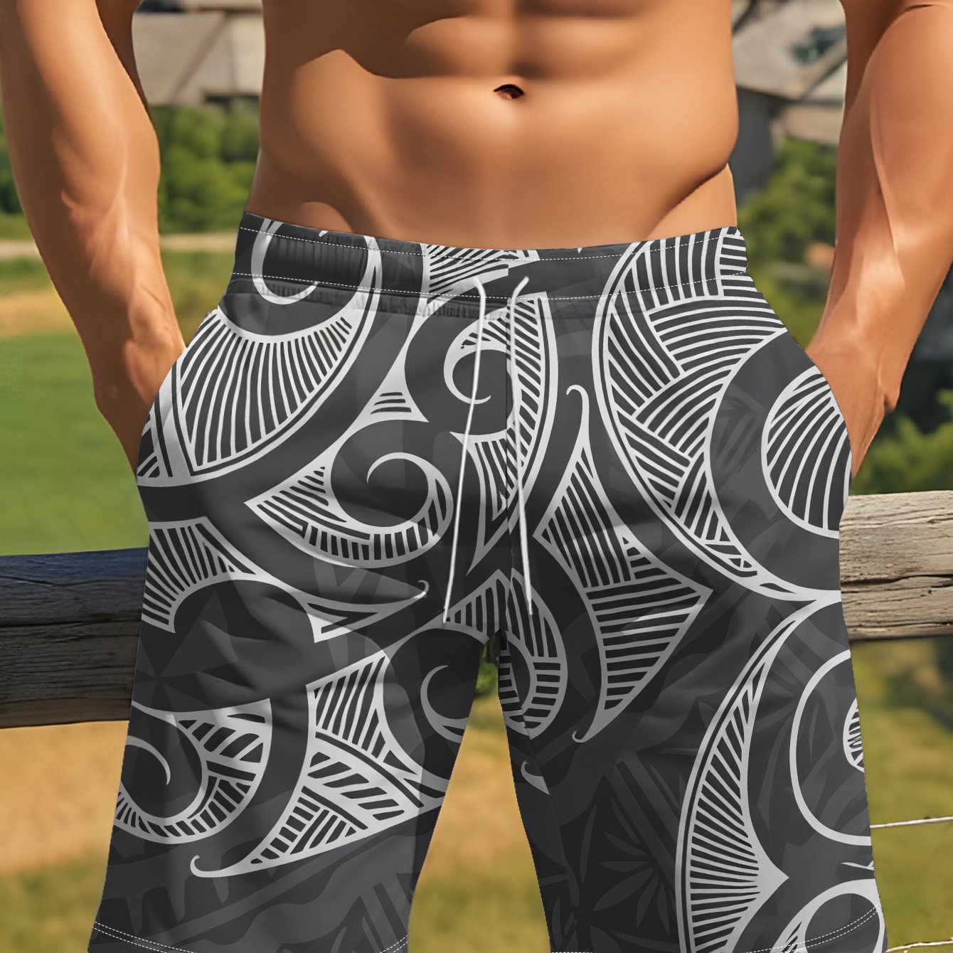 TEMU Men's Beach Vacation Shorts - This Image Is Presented In Black And White, With Intricate Maori-style Curling Line Patterns. - 100% Polyester