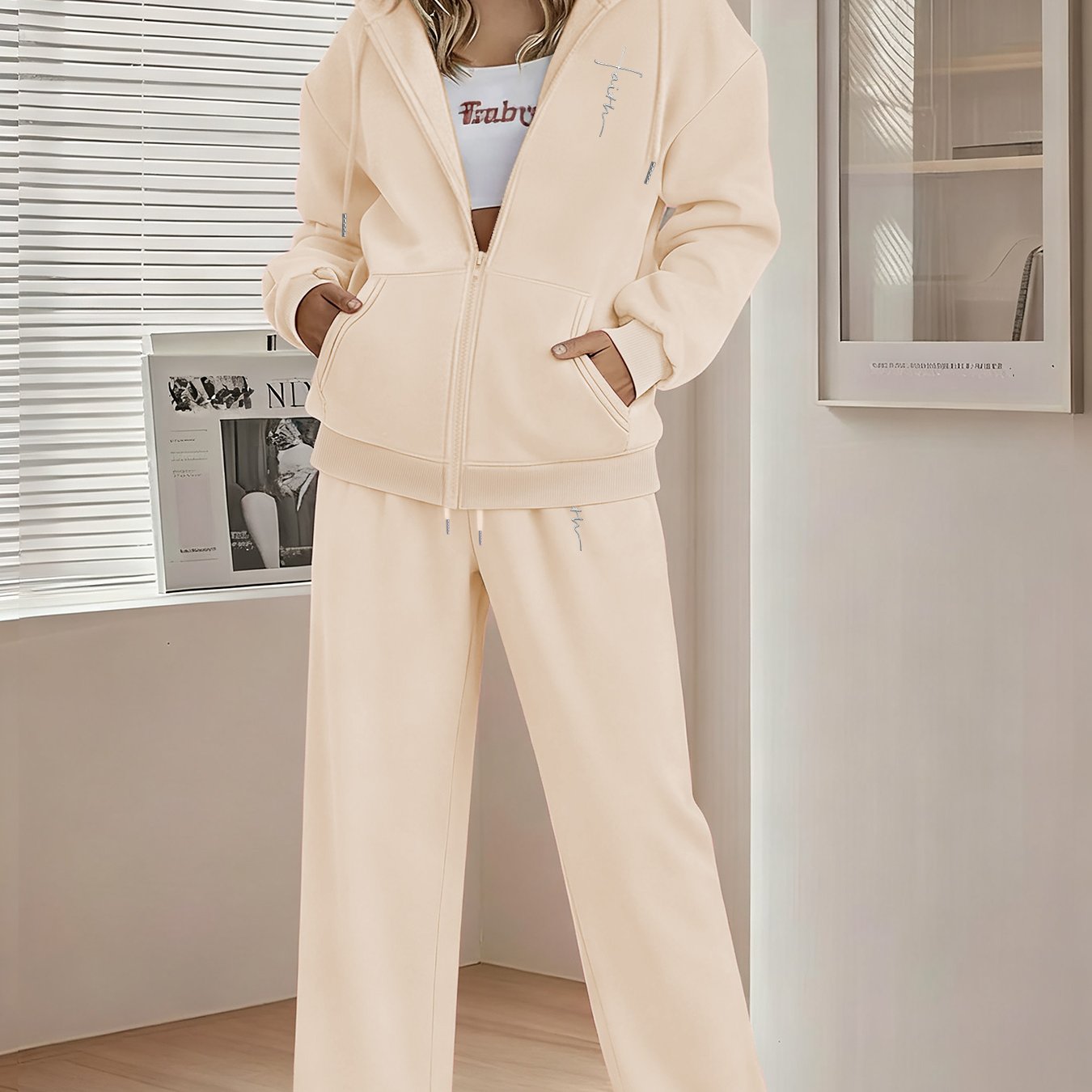 TEMU Women's Stylish Zip-up Hoodie And Drawstring Straight-leg Pants Two-piece Set, Featuring A Printed Design, Perfect For Autumn And Winter With A