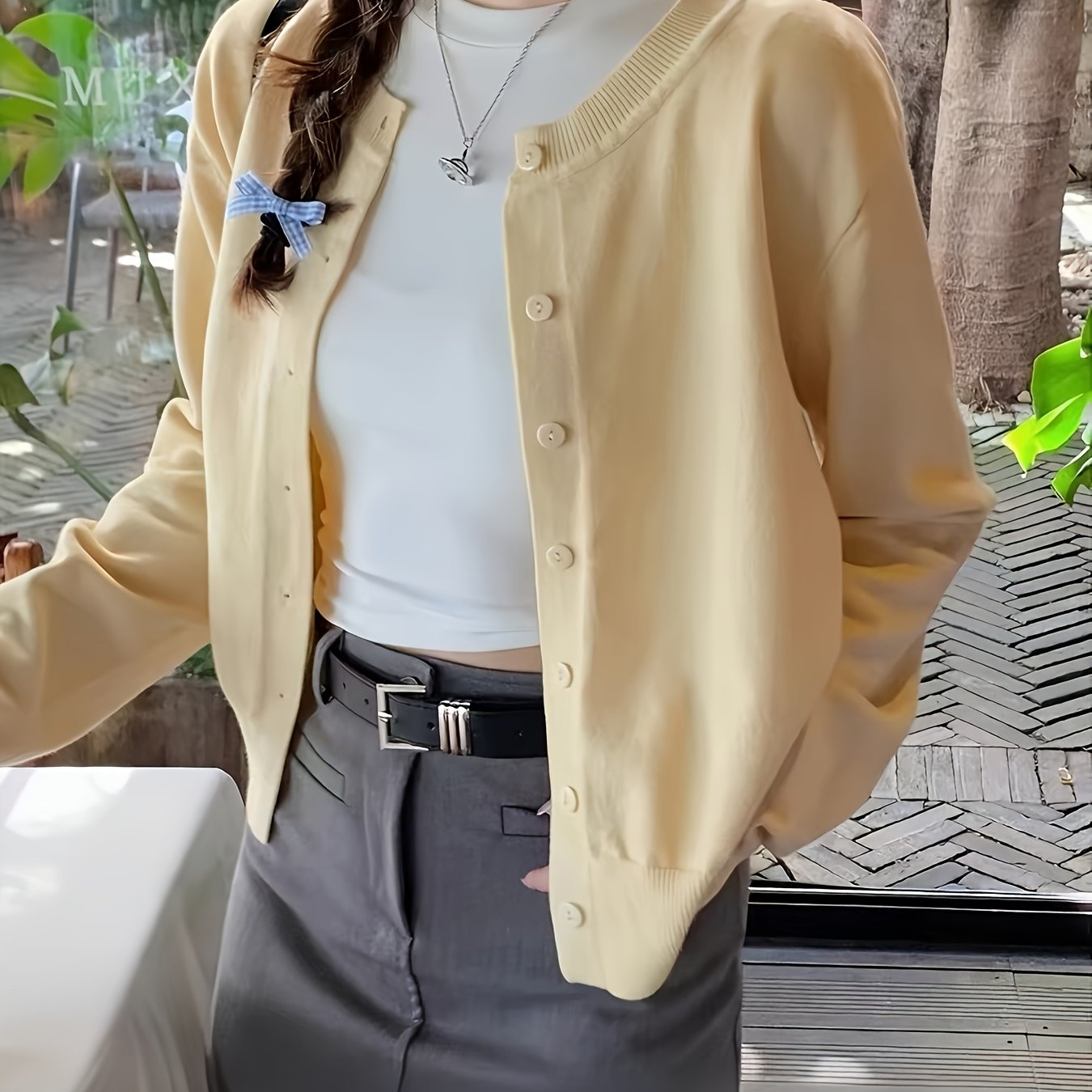 TEMU Neue Damen Cardigan Frühling Herbst Stilvolle Oberbekleidung Rundhalsausschnitt Langarm Slim Fit Cropped Pullover Top