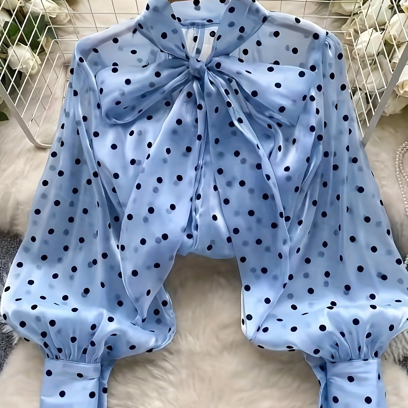 TEMU Retro Style High-end Polka Dot Shirt For Women, Autumn And Winter, Puffy Sleeves With Bowknot Design, Temperament Top