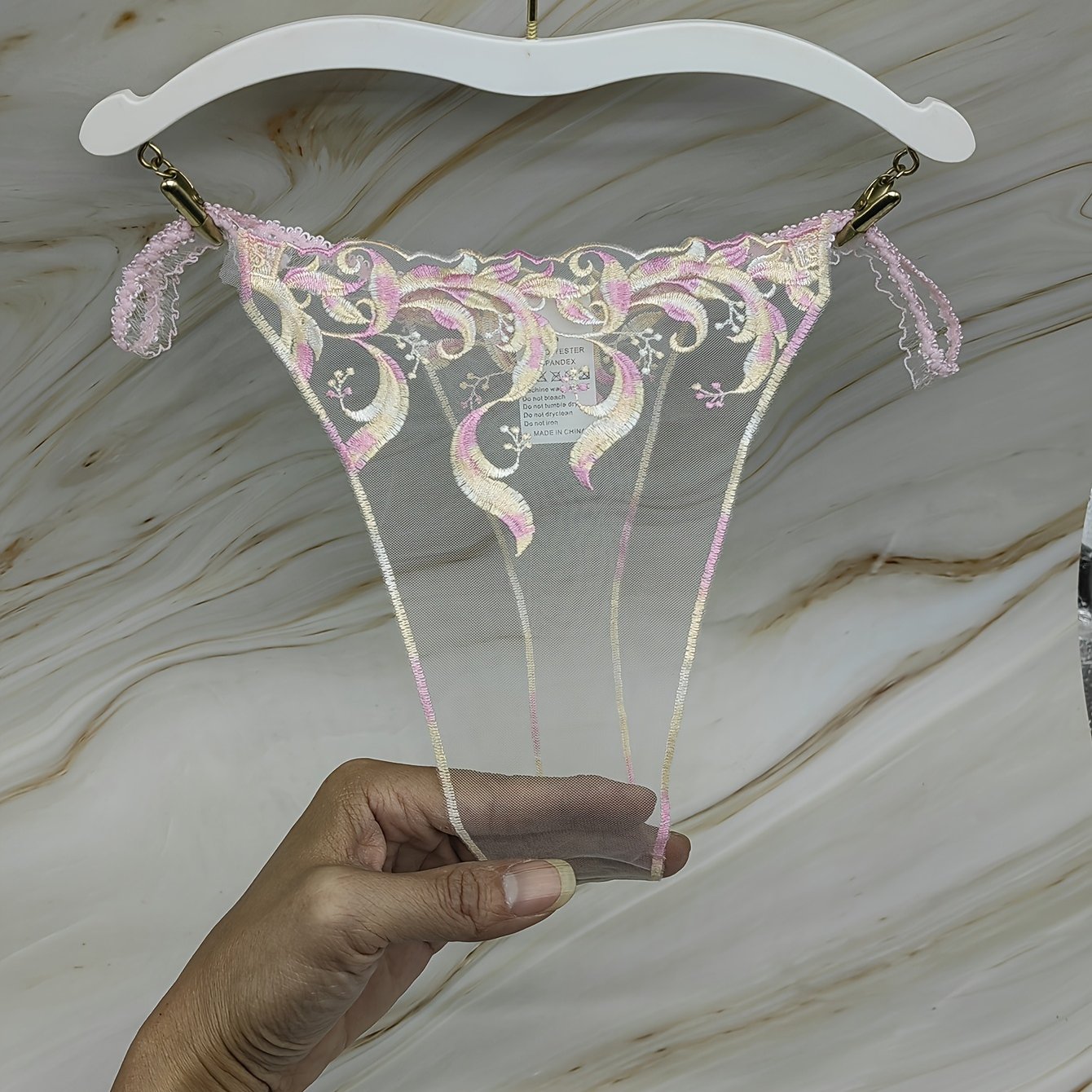 TEMU Color-block Embroidered Charm Style Thong: Three-color Embroidered Mesh Thong In Rose-purple, Blue-white, And Solid Black, Embroidered Sheer