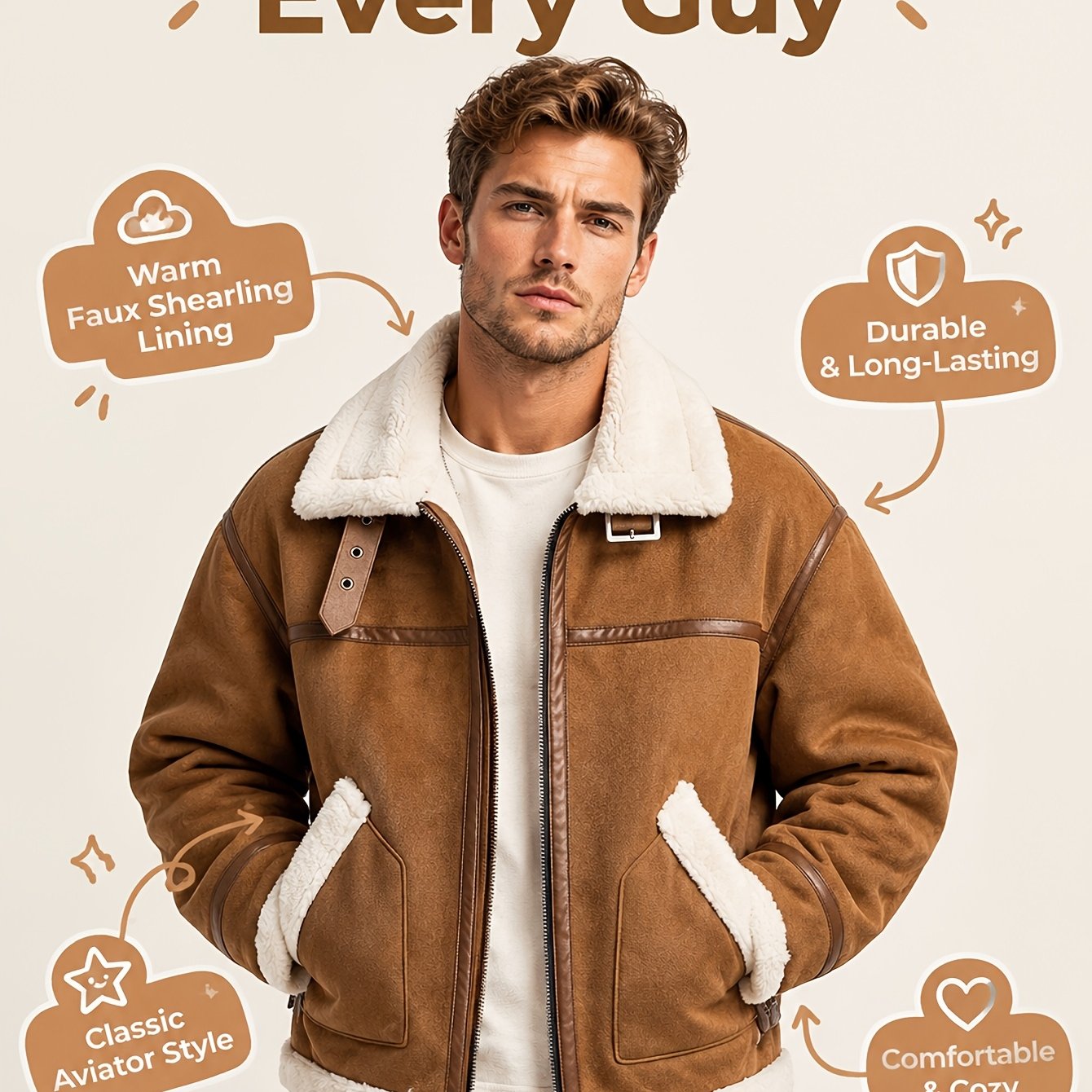 Image of 1pc Men's Brown Faux Suede Faux Shearling Lined Jacket, Large Plush Collar, Zipper Closure, Details, Classic Pilot Style, Winter Regular Fit Outerwear, Daily Street Wear