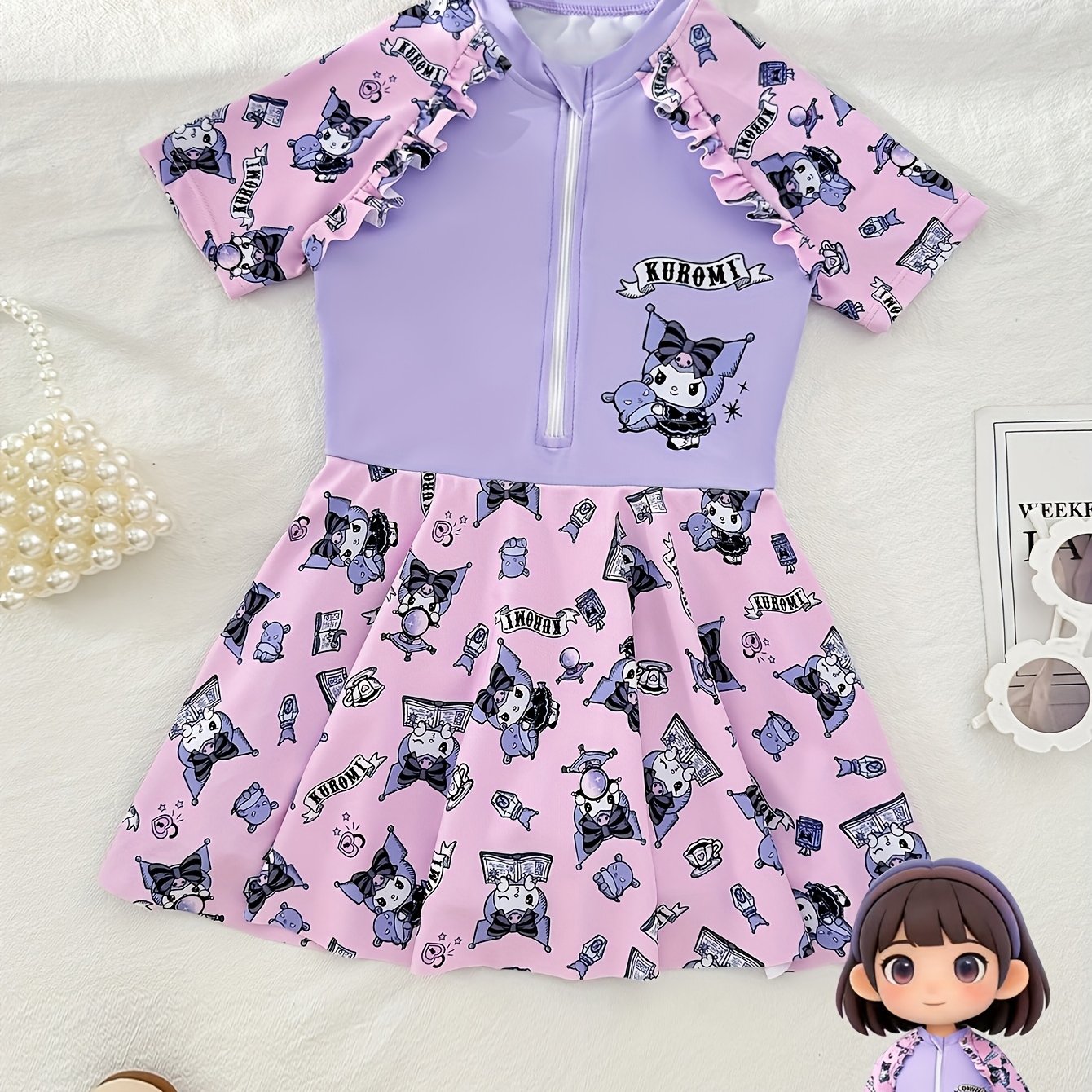 Image of Powder Purple Kuromi Kids' 1pc Printed Swimsuit With Zipper Swimming Pool