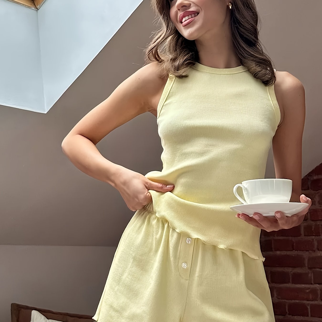 TEMU 2025 Cross-/summer Pajama Set For Europe And America, Solid Color Comfortable Camisole And Shorts Wear 2pcs Outfit, Wearable Outside