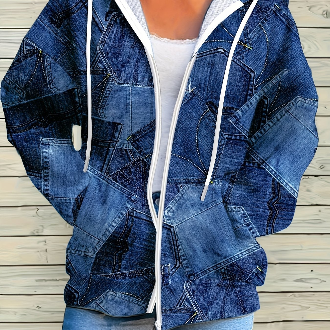 [printed Pants - Not Denim Fabric]casual Jacket, Women's Denim Effect Print Hooded Long Sleeve Pocket Coat