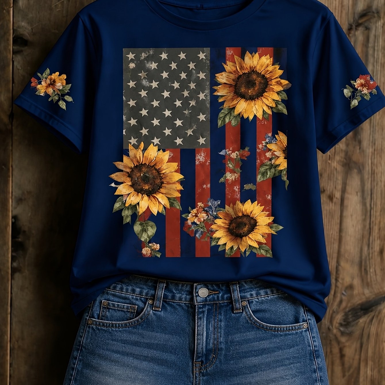 TEMU Brand Men's Novelty Sleepwear Flag Sunflower Floral Graphic Cotton T-shirt, Casual Graphic Tee For Summer Outfit, Streetwear Casual Attire, Idea