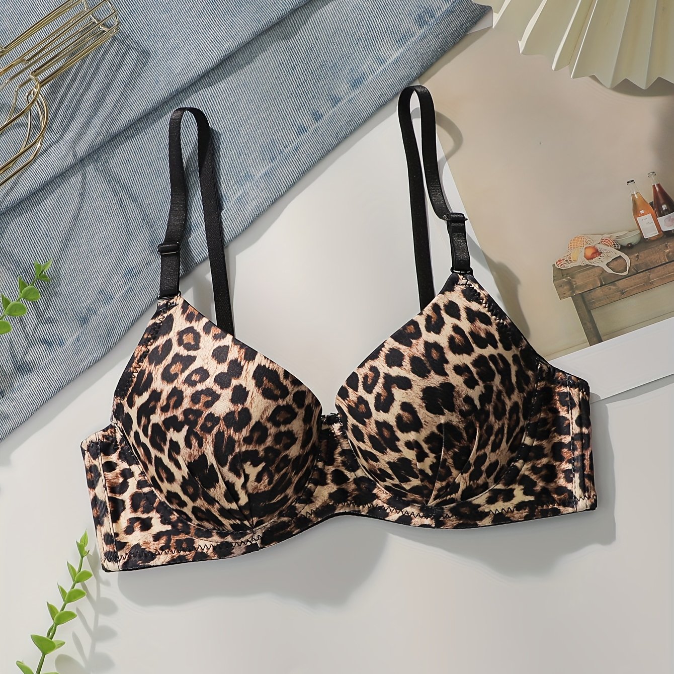 TEMU 1pc Leopard Print Sexy Underwire Small Bust Push-up Bra With Side Support And Anti-sag