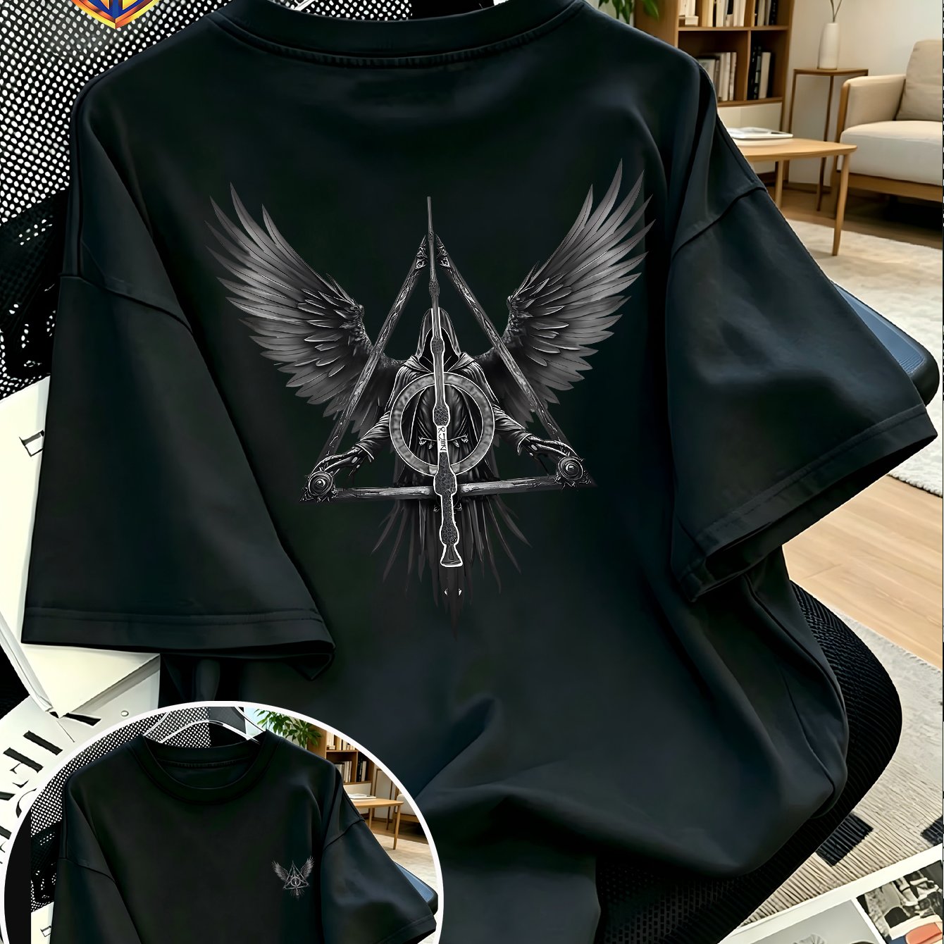 TEMU Dark Series Deathly Hallows Print Men's T-shirt, Harry Potter Merchandise, Reaper Wings Pattern, Trendy And Unique Top