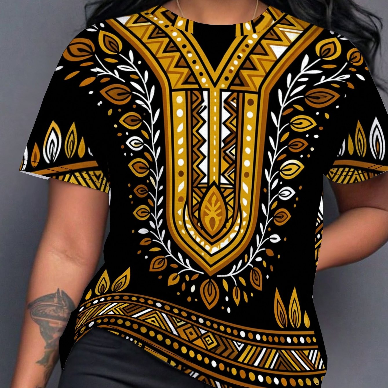 TEMU Teediy Women's V-panel T-shirt - Short Sleeve Round Neck Casual Top With African Print Geometric Panel, Machine Washable Suitable For Summer