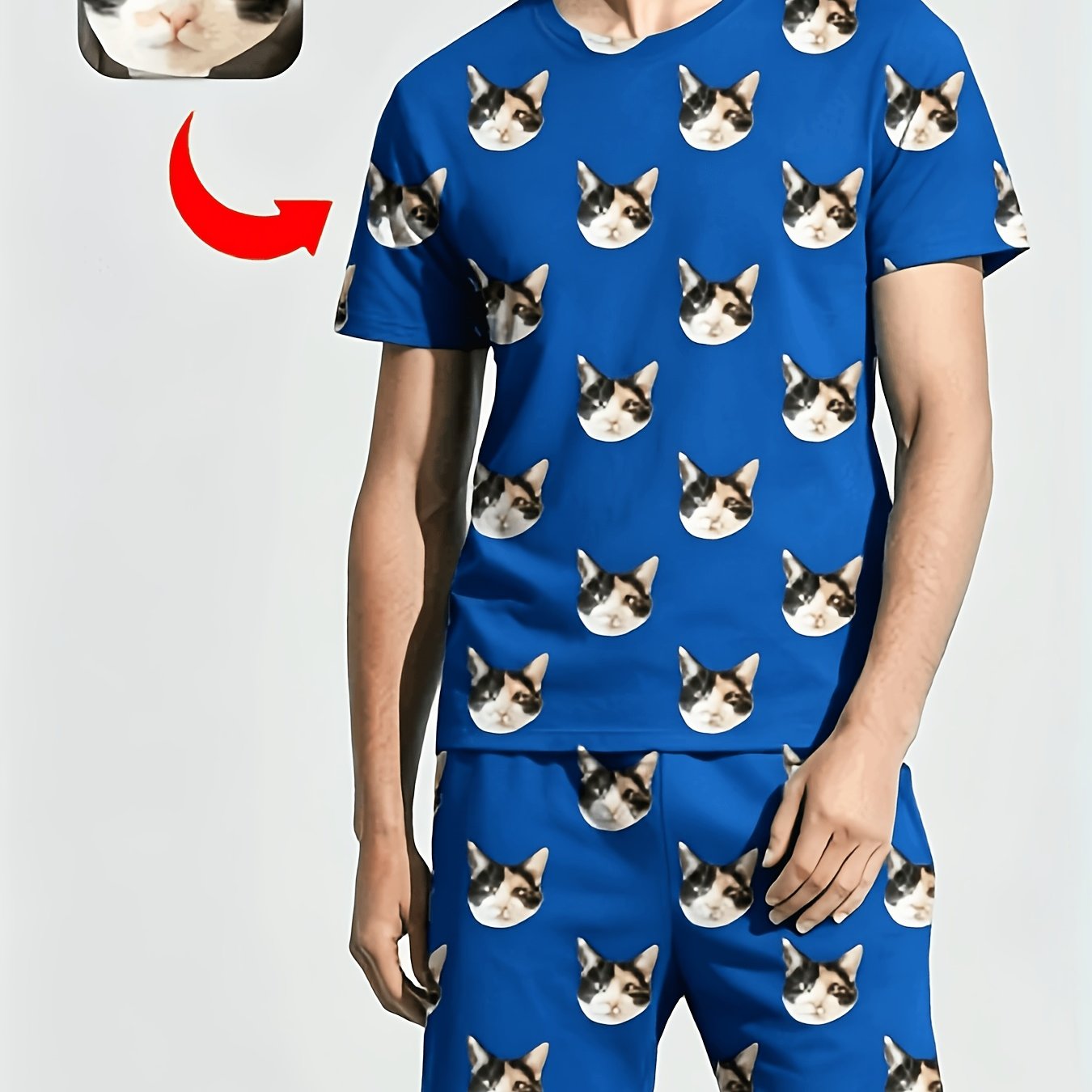 TEMU Men's Custom Cat Portrait Print Pajama Set, Men's Short Sleeve Crew Neck And Shorts Pajama, Summer Casual Pajama Set.