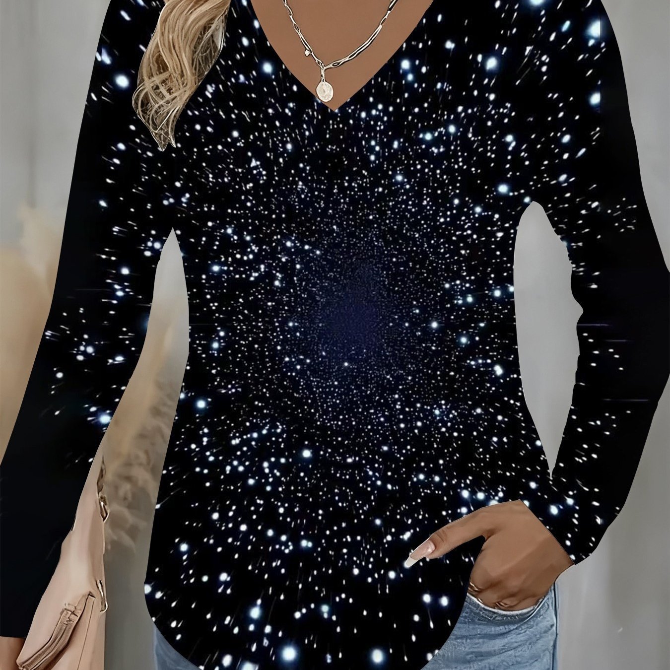 TEMU Plus Size, Plus-size Women's Fashion Trend: Print V-neck, Starry , V-neck Long-sleeve Tunic, Starry Sky, Long-sleeve T-shirt, Suitable For Daily
