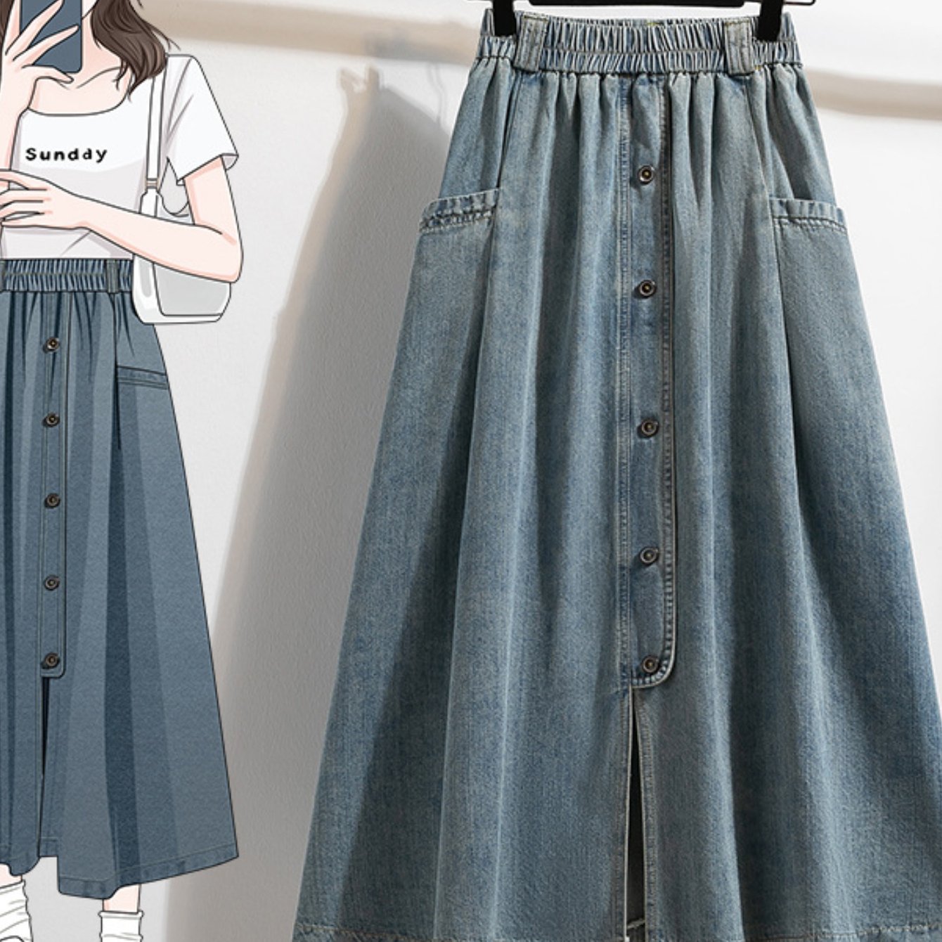 TEMU 【新商品】プラスサイズの無地デニムスカートをご紹介。春、夏、秋のに合わせて作られた、このファッショナブルなロングスカートは、よりふっくらとした体型の女性に。集まりやショッピングに最適です。