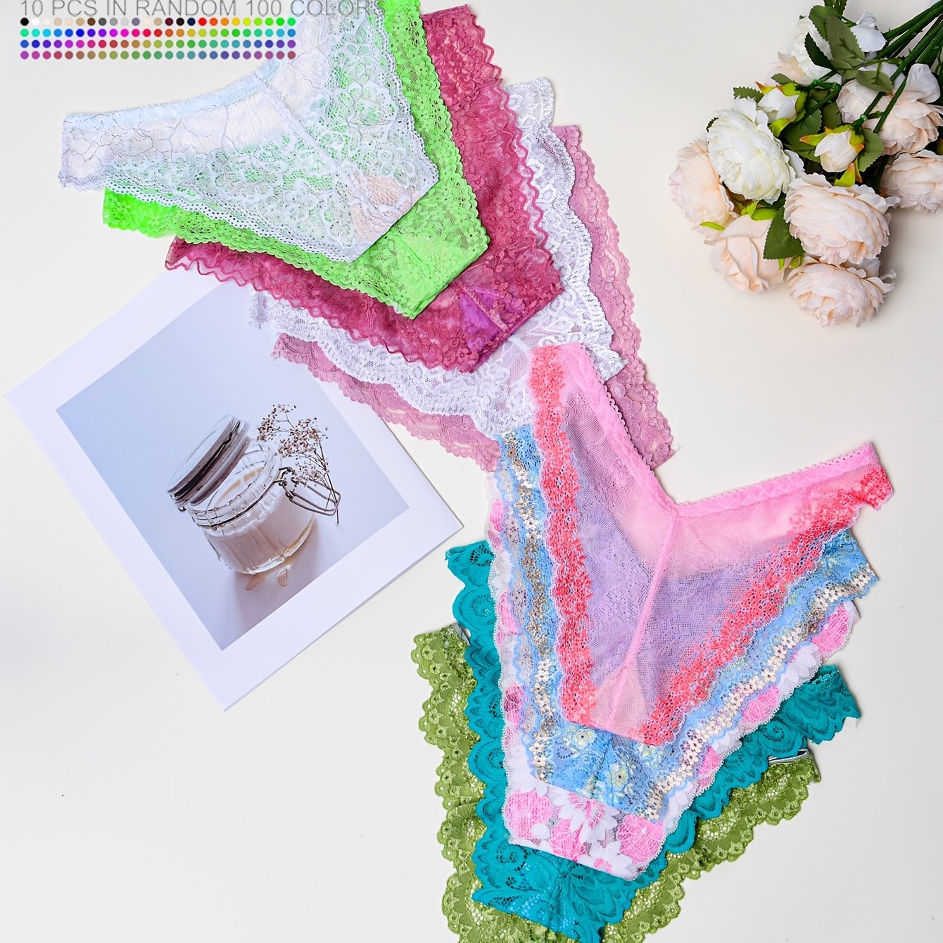 TEMU Lot de 10 culottes string en dentelle pour femmes, multicolores, taille basse, transparente, couture, style T