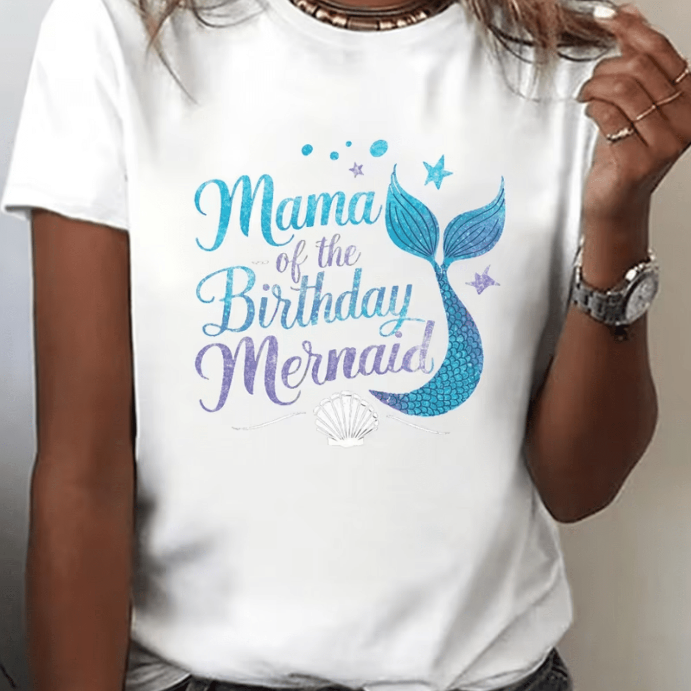 TEMU Women's Mermaid Graphic T-shirt - Short Sleeve Round Neck Summer & Spring Top With Birthday Mermaid Tail Print, Casual Beachwear Blouse For