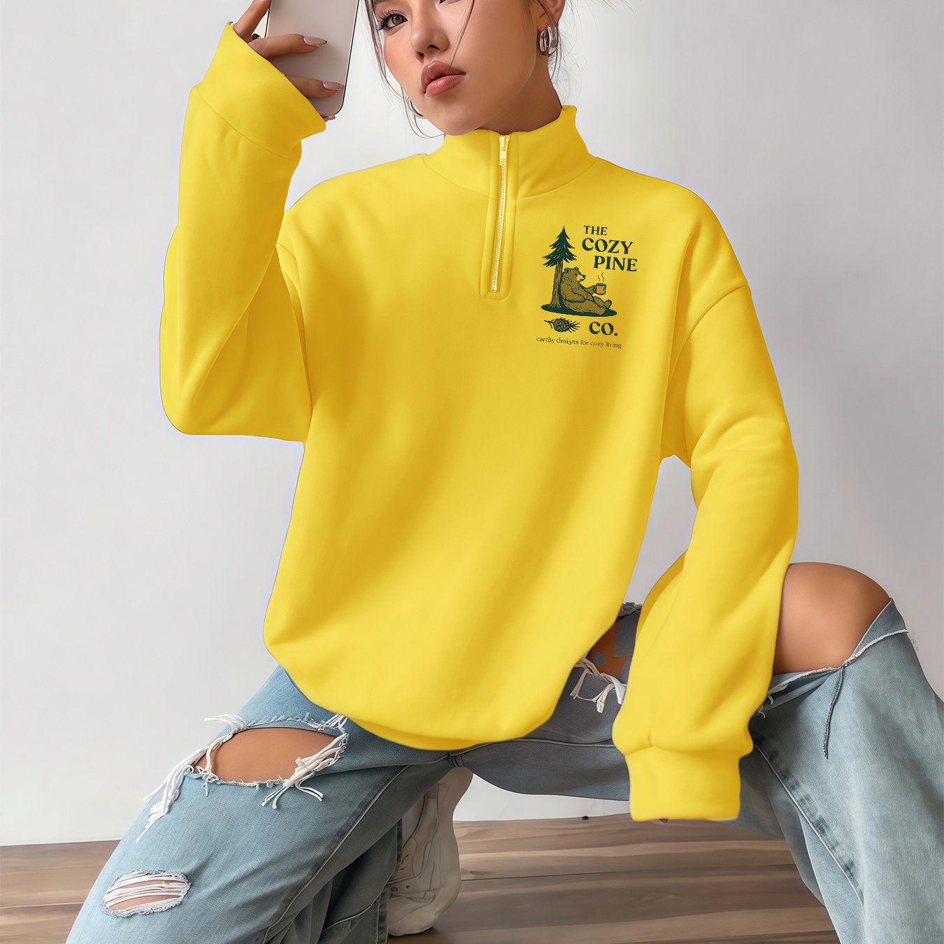 Image of Cozy Half-zip Hoodie For Women With Cartoon Tree & Animal Print, Loose Fit Street Style, Warm Fall/winter Casual Pullover, Versatile Fashion Staple, Ships From Poland