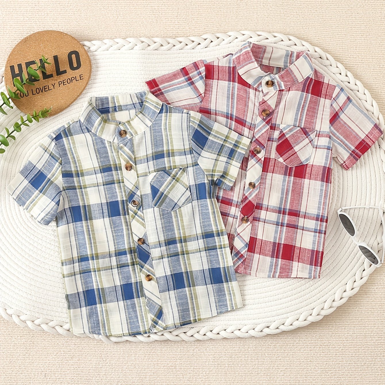 2pcs Boys' Collar Checkered Shirts