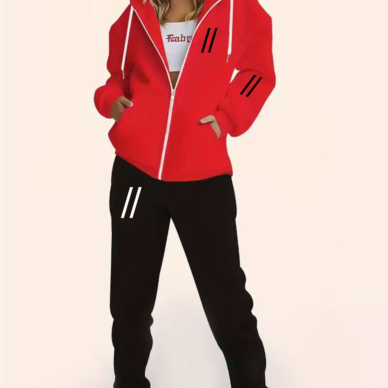 TEMU 2pcs Women's Fashion Hooded Sweatshirt And Sweatpants Set, Zip-up Sweatshirt   Joggers, Simple And Stylish Versatile Diagonal Bar Print -