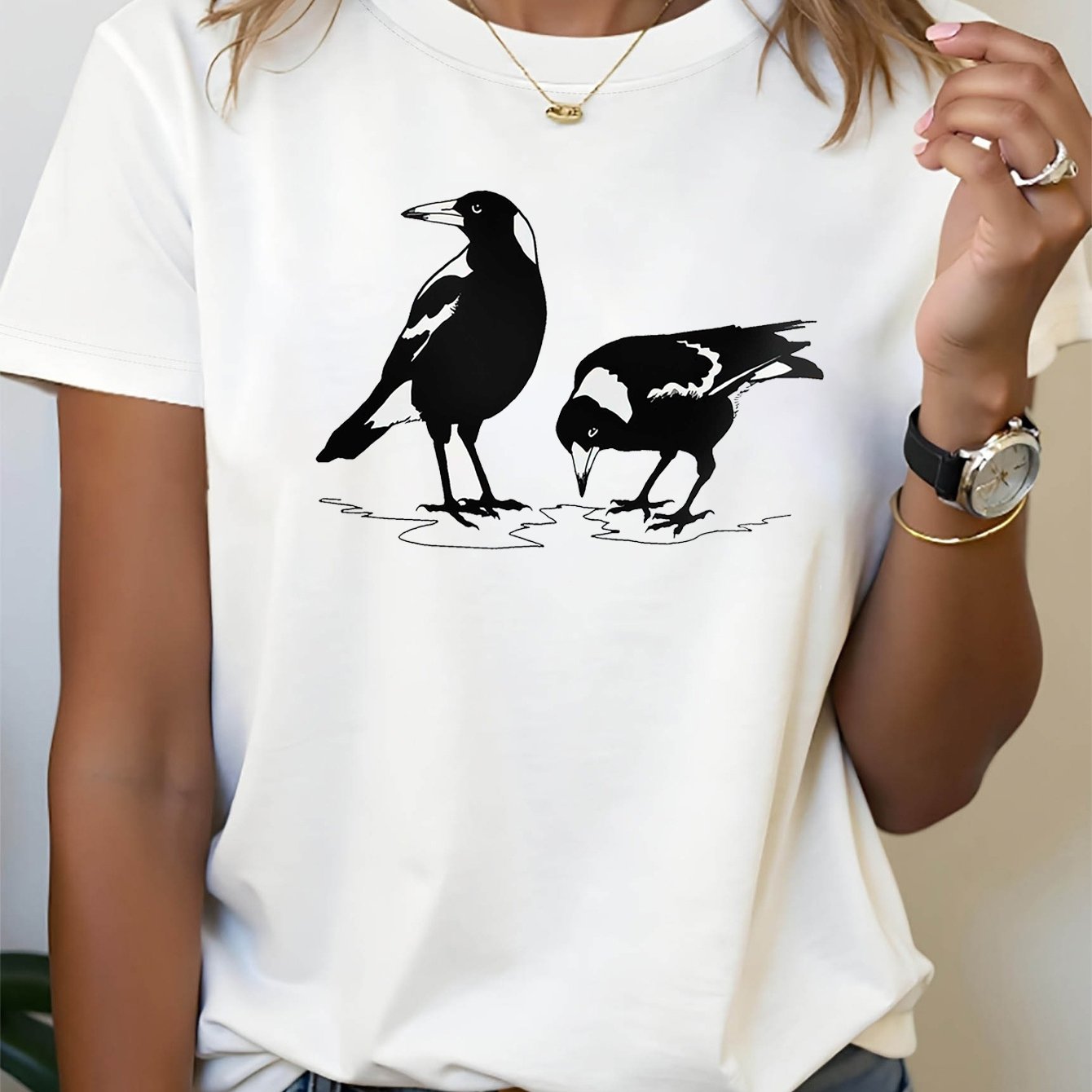 TEMU Women's Magpie Suitable For: Casual Bird Silhouette T-shirt - Minimalist Magpie, Medium-stretch Comfortable Daily Wear, Spring/summer Everyday