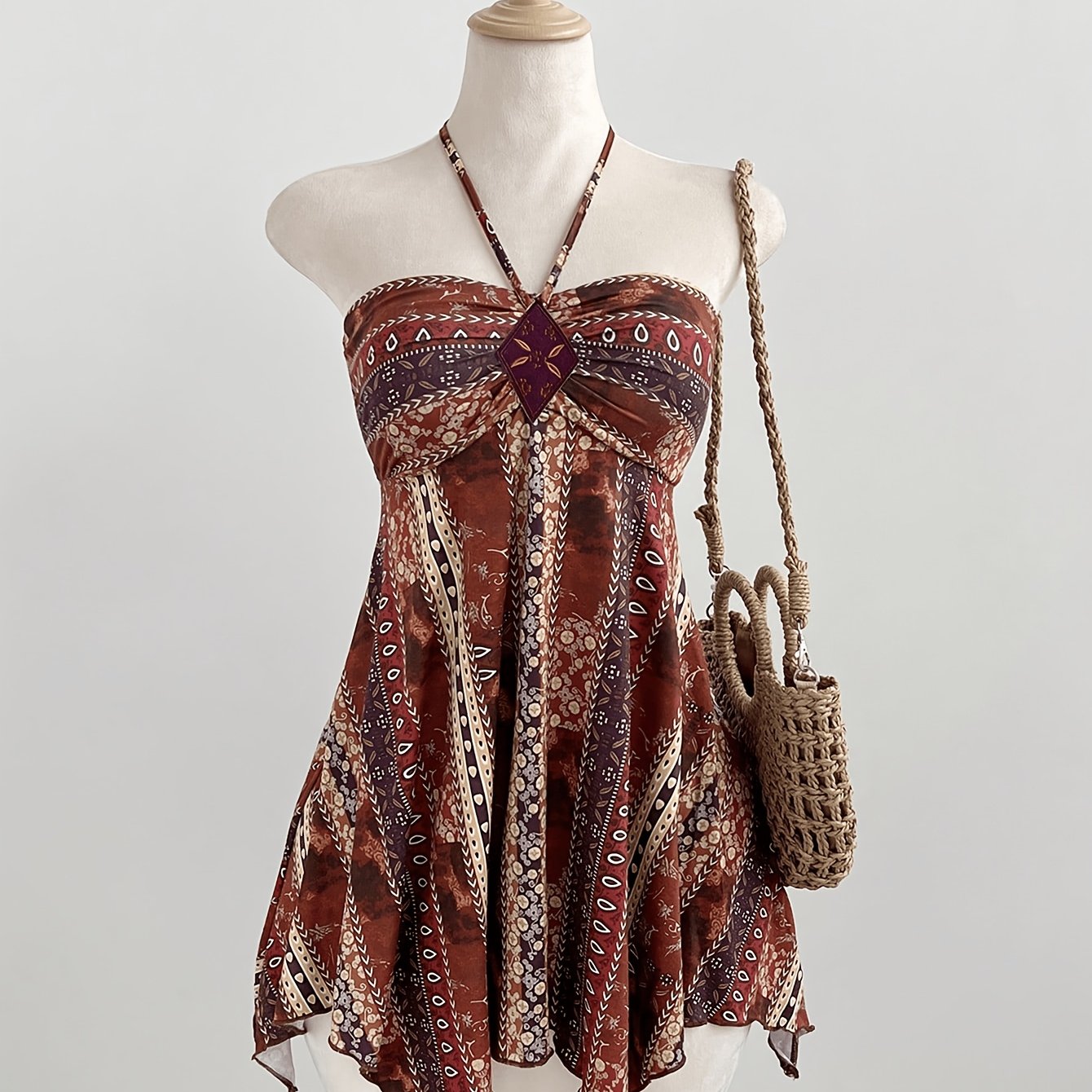 TEMU 2026 Summer New Style Halter Neck Diamond Patch Embellished Ethnic Style Geometric Print Irregular Hip Hem Bandeau Women's Bohemian Ethnic Style