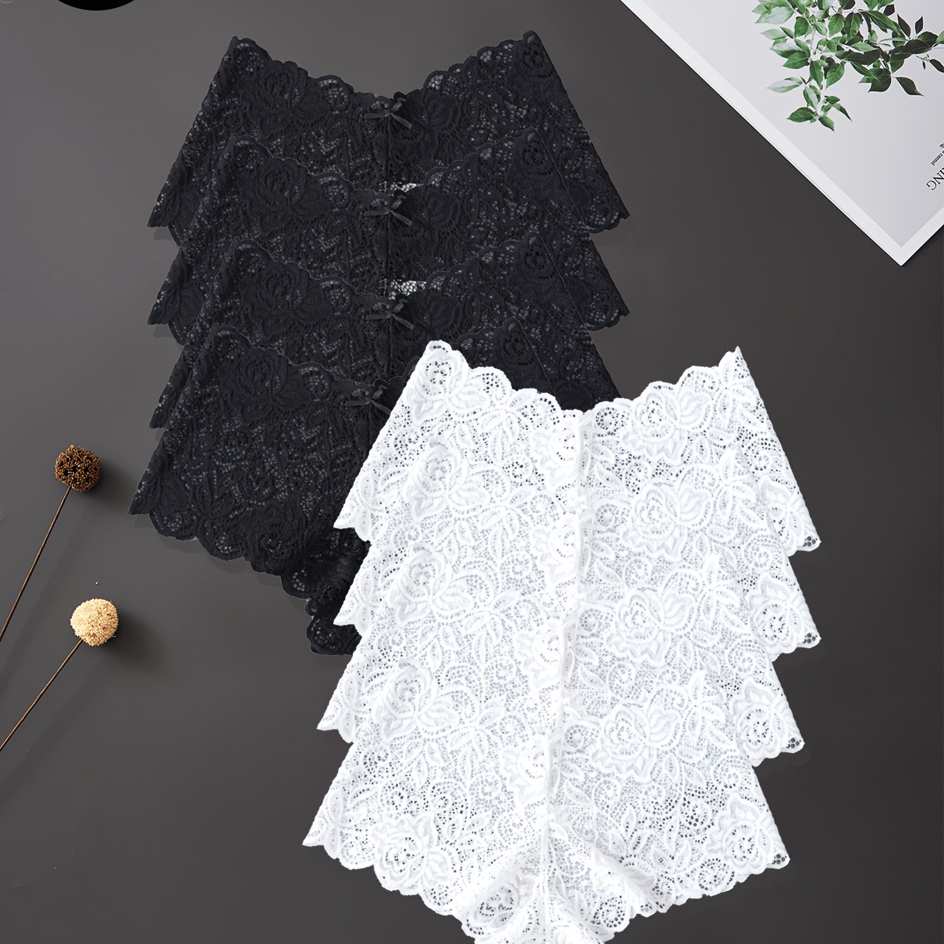 TEMU 8pcs Women's Elegant Lace Bow Panties Floral Underwear Black White Breathable Comfortable Briefs Versatile Lingerie For Daily Wedding Honeymoon